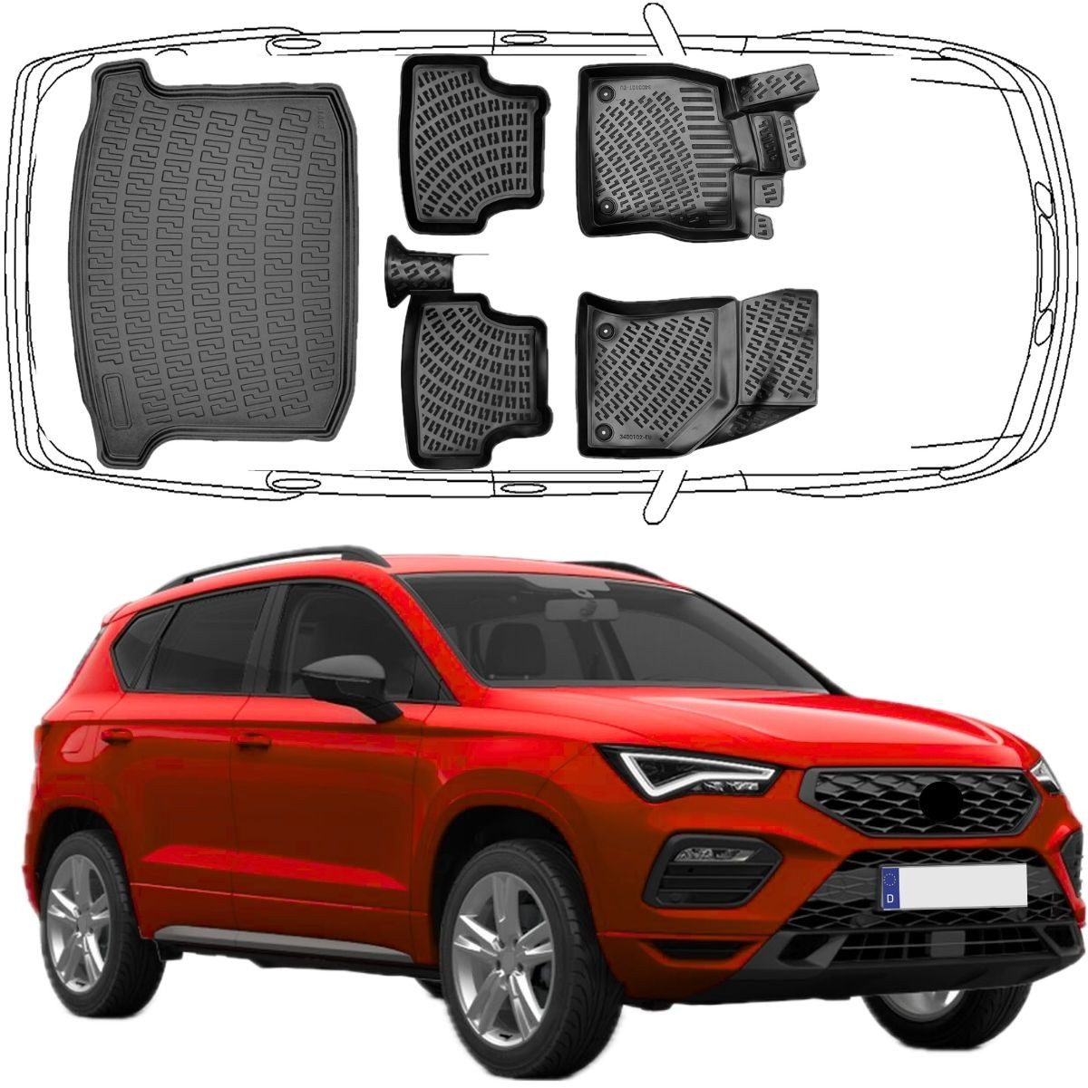 Trimak Passform-Fußmatten Oder Kofferraumwanne Oder Set, Seat Ateca ab 2016 Gummimatten Auto & Kofferraummatte TPE Antirutsch