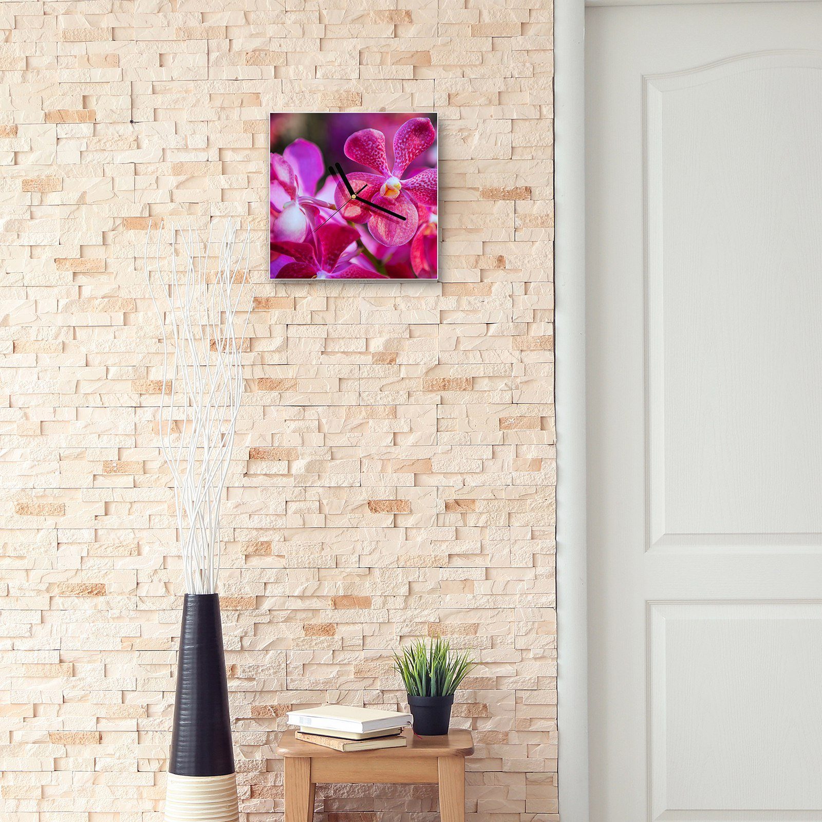 Orchideen Motiv Glasuhr Größe 30 mit Primedeco Wanduhr cm Wanduhr Wandkunst Pinke 30 x