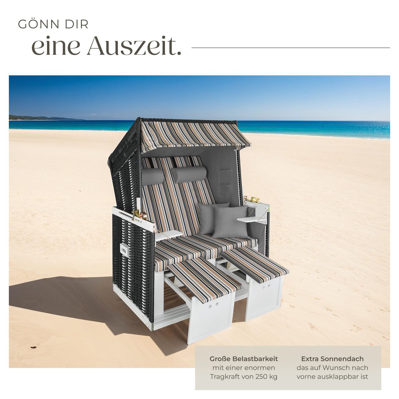 tectake Strandkorb 2-Sitzer mit Polster, verstellbar, inkl. Schutzhülle, gepolstert mit ausziehbaren Fußbänkchen