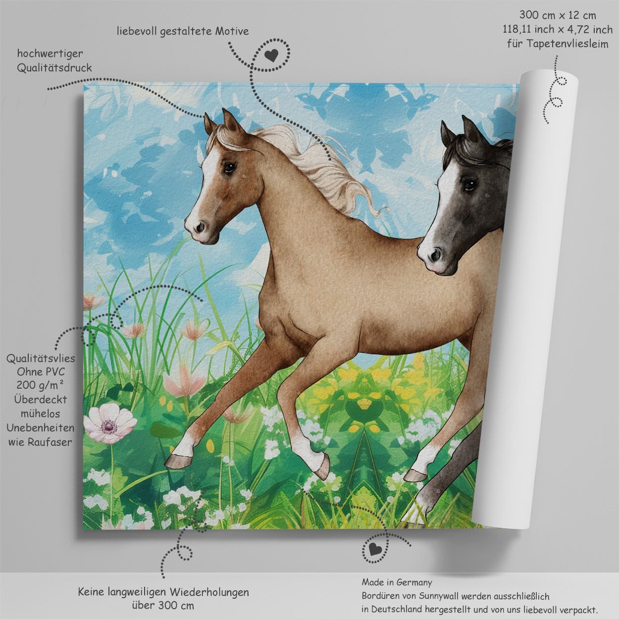 Sunnywall Bordüre Bordüre Pferde – liebevoll gestaltete Vliestapete (300 cm), Pferde, (1 St), hochwertige 200 g/m² Vliestapete
