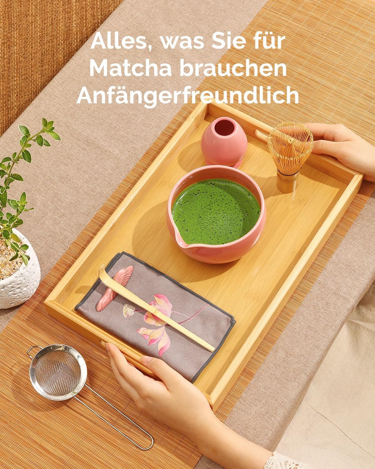 Maestri House Teeservice Matcha Besen Set Geschenkset 7-Teilig Japanisches Matcha Zubehör Set, Bambus, mit Ausgießer-Schale, Bambus Chasen & Halter