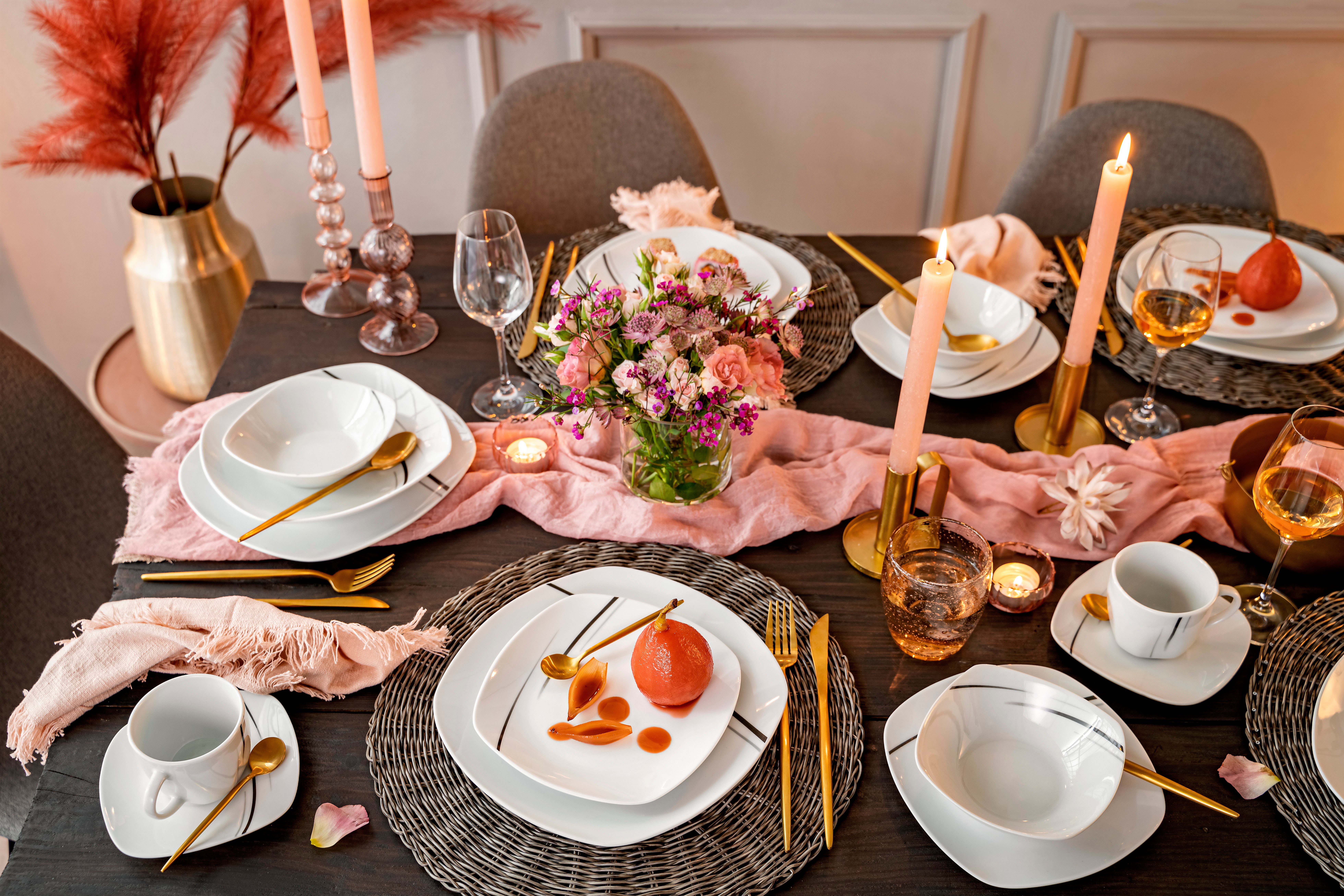 SÄNGER Kombiservice Bilgola Black Lines Geschirrset, Weiß (24-tlg), 6 Personen, Porzellan, Weiß mit schwarzen Akzenten, Premium Collection