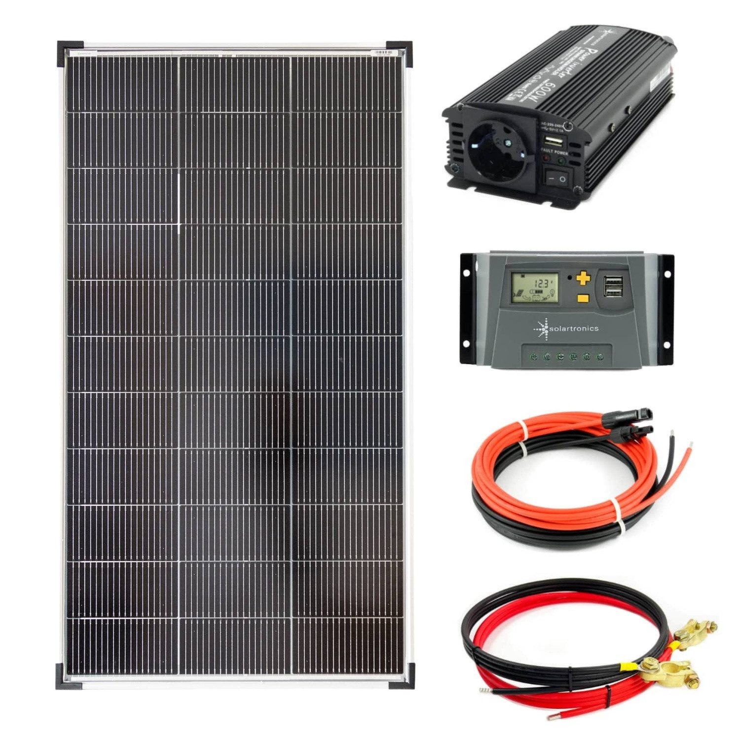 solartronics Solarmodul Solarset: 120W Solarmodul, 600W Wandler, 10A Laderegler, Monokristallin