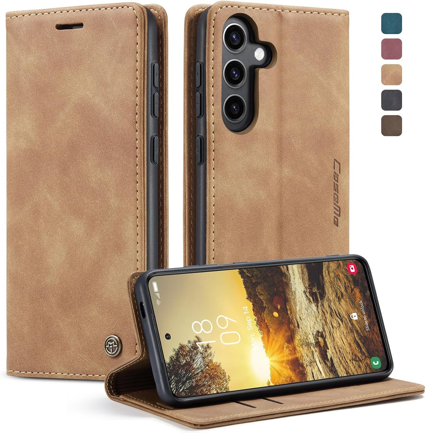 CaseMe Handyhülle Premium Hülle für Samsung Klapphülle Samsung S25 FE-Hellbraun