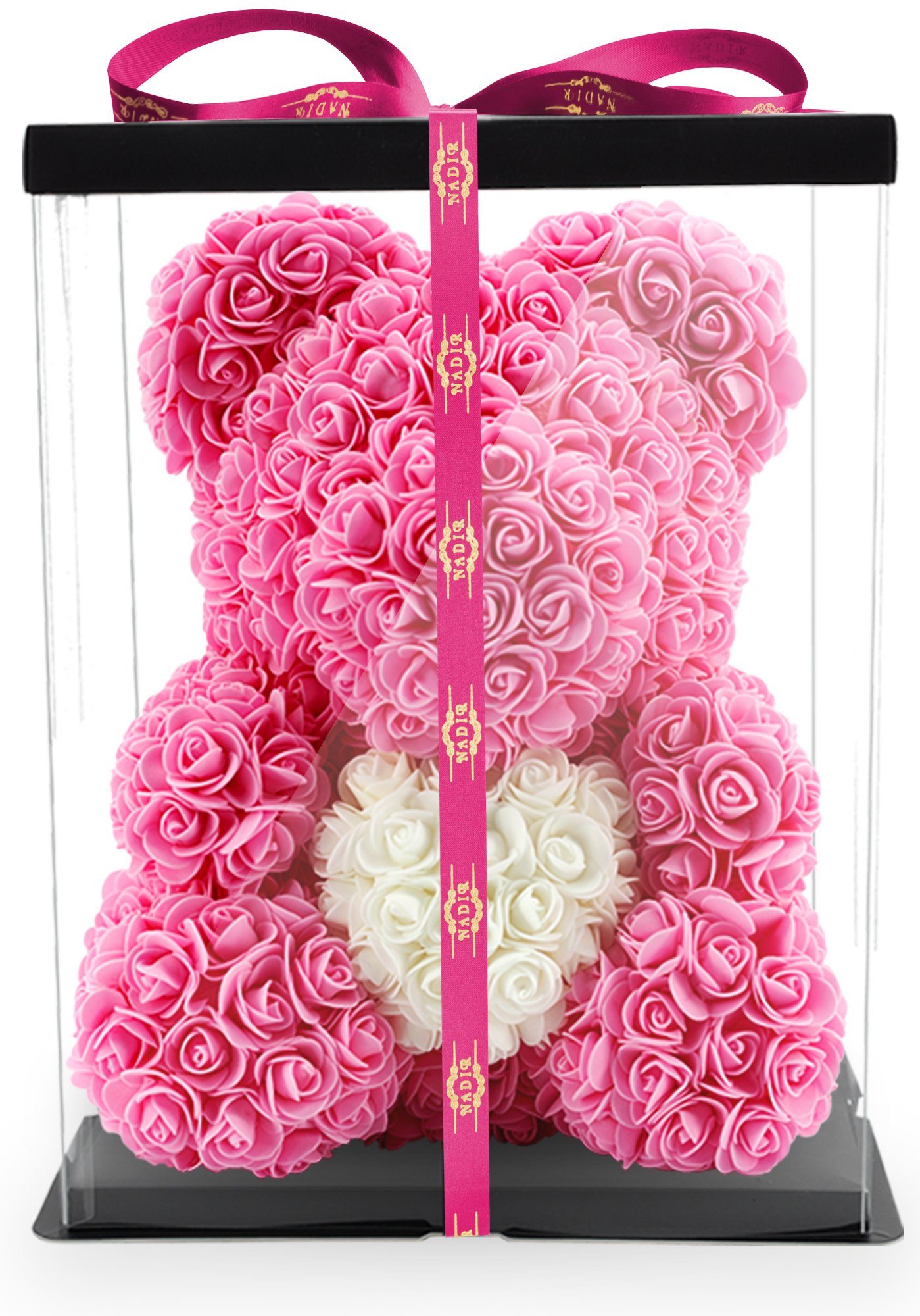 Kunstblume Rosenbär 40 cm inkl. Geschenkbox mit Herz - Geschenk für Freundin, NADIR, Größe: 40 cm, inklusive Geschenkbox