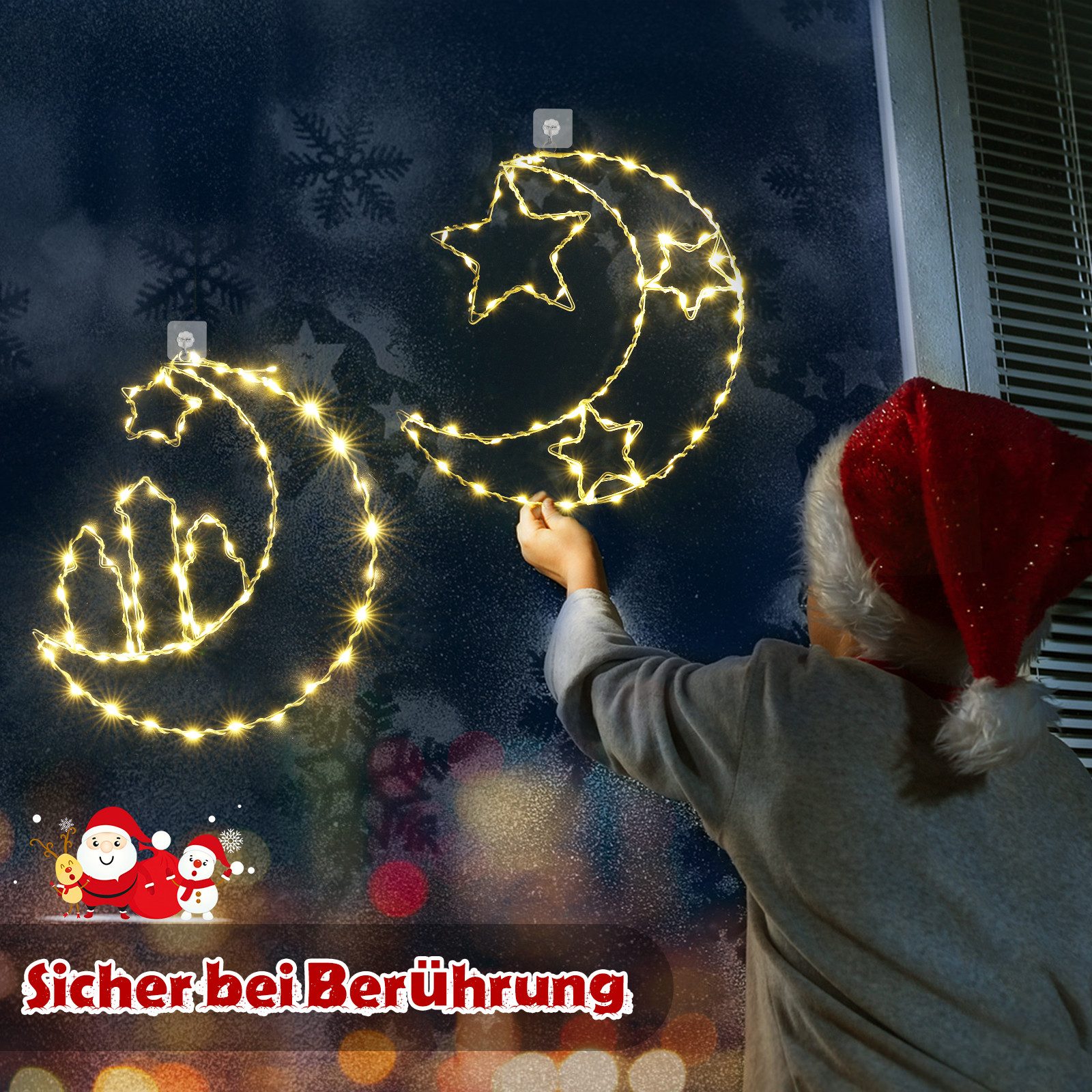 Quntis LED-Lichterkette LED Weihnachtsstern 2er Set, Warmweiße Lichter, Batteriebetrieben, Weihnachtsdeko für Wand & Fenster mit 2 Haken, Innen IP20 – Bild 5 von 5