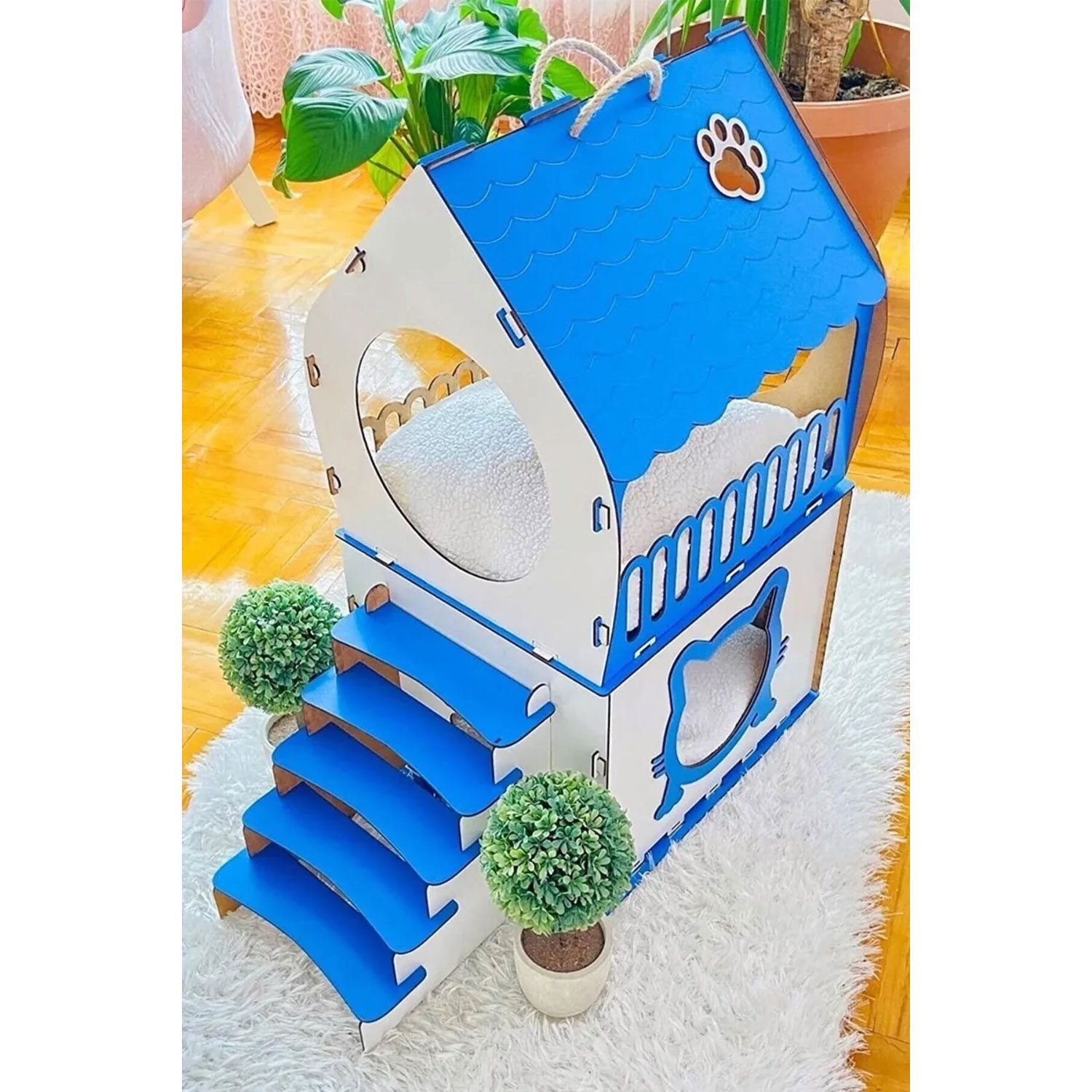 Jungengel Katzenliege 2-stöckiges Katzenhaus mit Treppe & Fenster aus Holz, Blau-Weiß, Mit Geländerbalkon, Fensteröffnungen & niedlichem Katzenmotiv