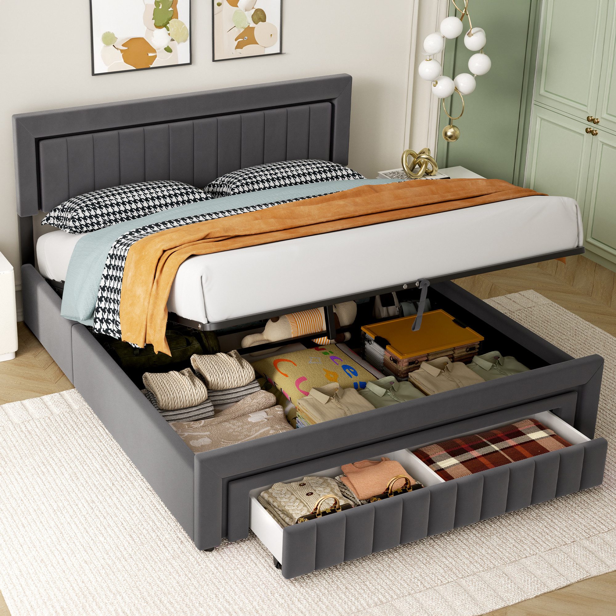 HAUSS SPOLE Polsterbett als Einzelbett und Doppelbett erhältlich,Stauraumbett mit Schubladen (180×200 Doppelbett Boxspringbett Jugendbett mit Stauraum und Lattenrostkonstruktion), Funktionbett mit Lattenrostkonstruktion,mit Matratze