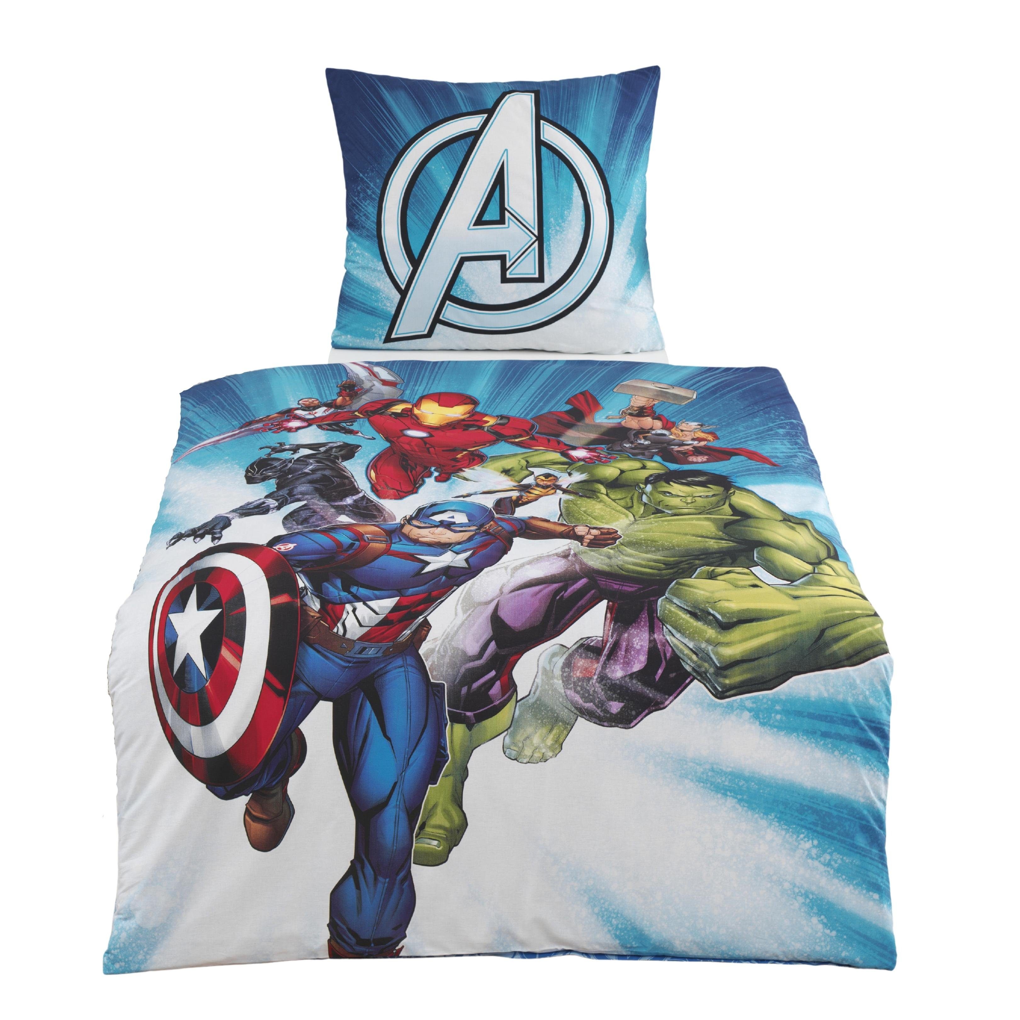 Bettwäsche Avengers Marvel 135x200 + 80x80 cm, 100 % Baumwolle, MTOnlinehandel, Flanell/Biber, 2 teilig, Jungen Kinderbettwäsche mit Captain America, Iron Man, Hulk & Thor