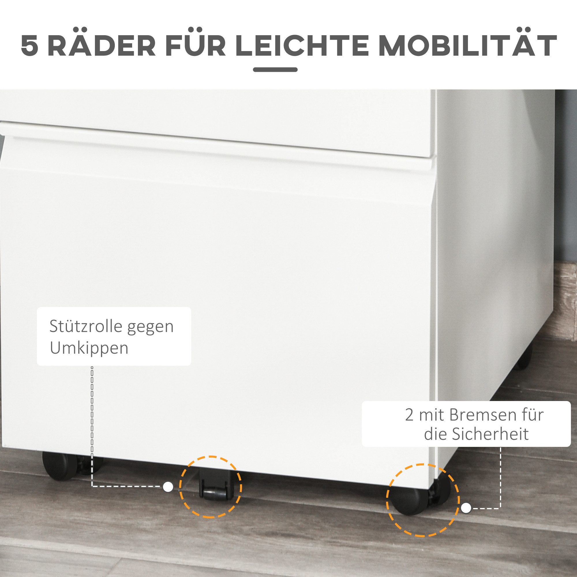 Vinsetto Rollcontainer Aktenschrank mit 3 Schubladen, Büroschrank mit Rollen abschließbar, (Büroschrank, 1 St., Bürocontainer), Stahl Weiß 39 x 48 x 60 cm – Bild 5 von 5