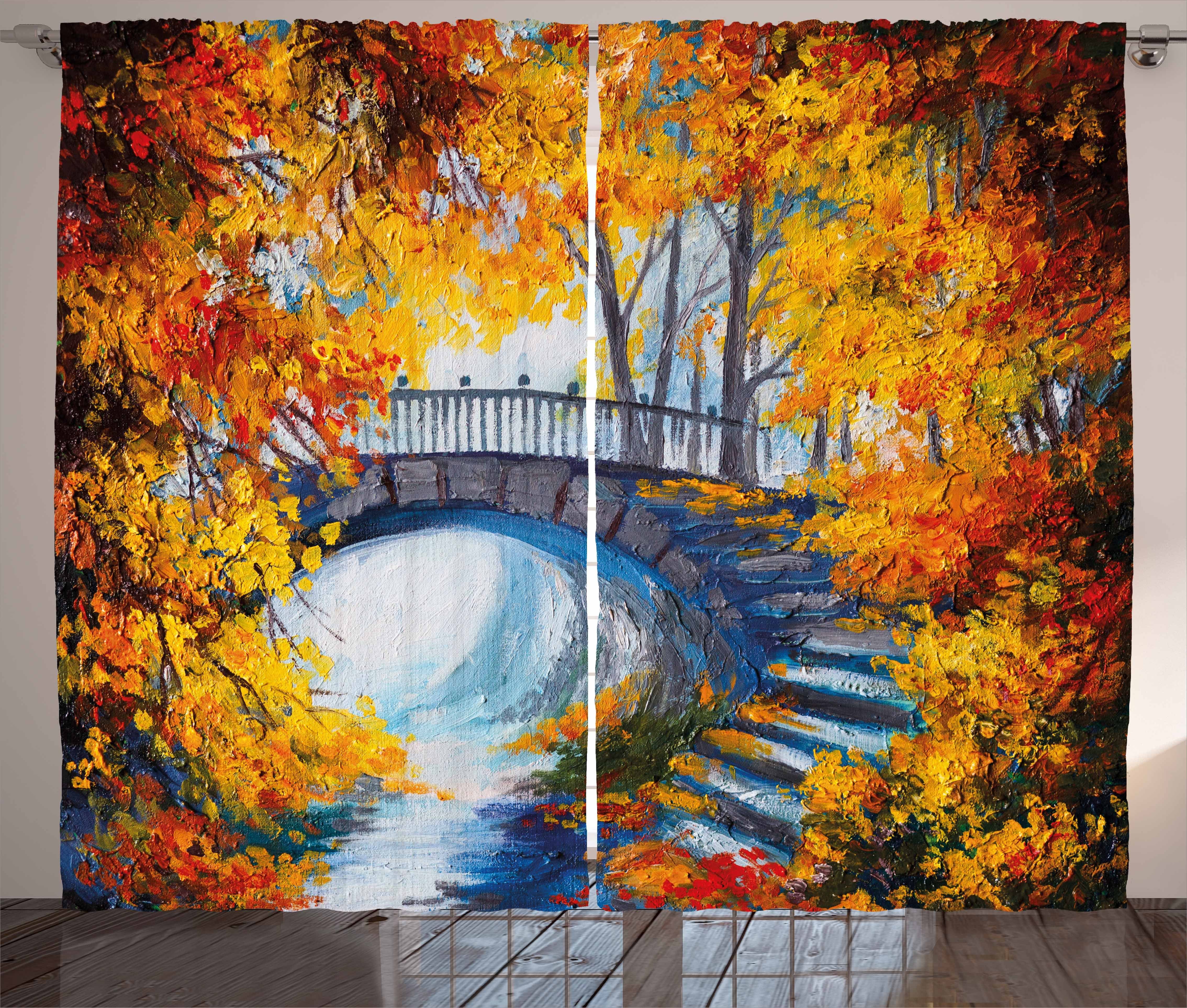 Gardine Brücke und Kunst Herbstwald Schlafzimmer Kräuselband Schlaufen mit Haken, mit Vorhang Abakuhaus,