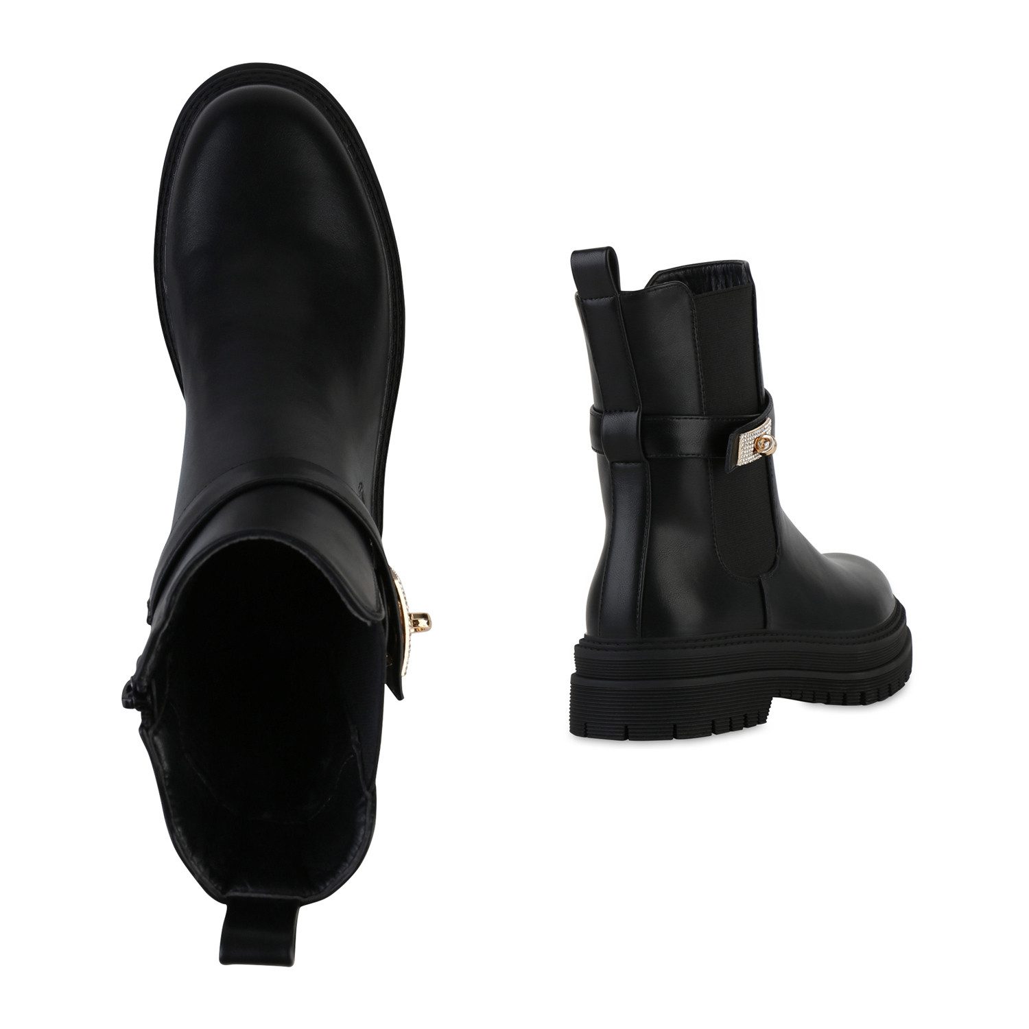 VAN HILL 841822 Bikerboots Damen Leicht Gefütterte Biker Boots Stiefeletten Schnallen