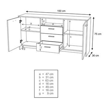 Domando Sideboard Sideboard Matera (1 St), Breite 150cm, Soft-Close-Funktion, gebürstete Aluminiumgriffe