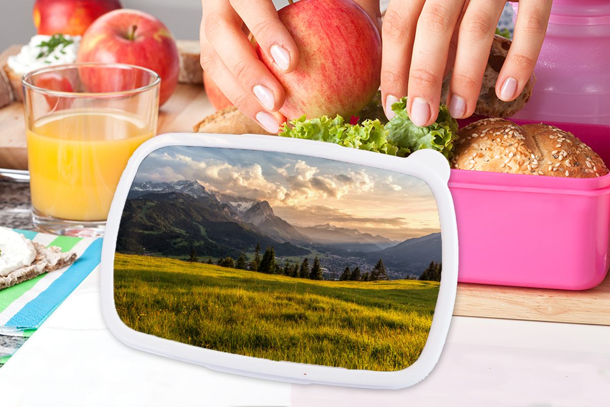 MuchoWow Lunchbox Alpen - Sonnenuntergang (2-tlg), Berg, Kunststoff, rosa für - Snackbox, Kunststoff Brotbox Erwachsene, Brotdose Mädchen, Kinder