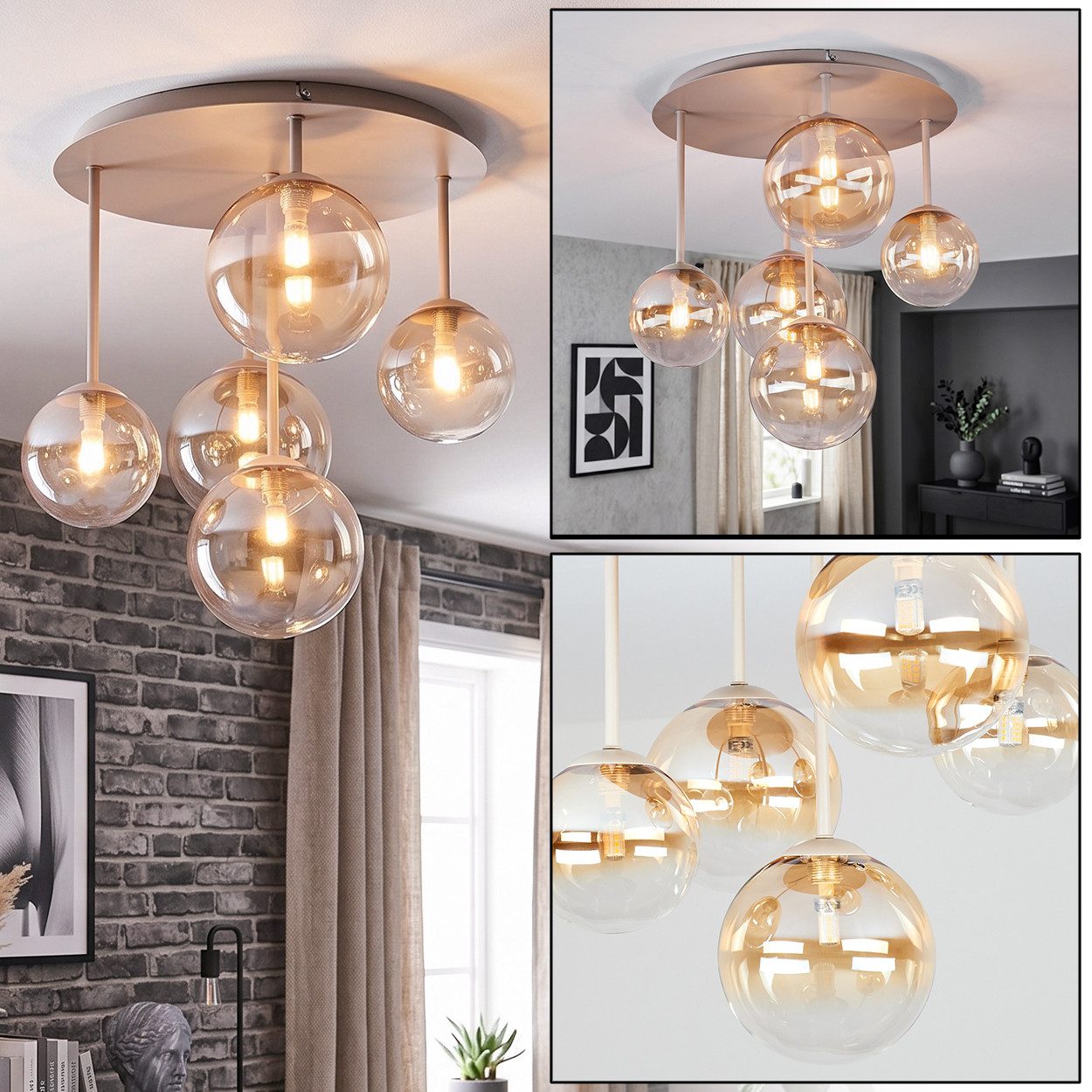 hofstein Deckenleuchte Deckenlampe aus Metall/Glas in Sandfarben/Weiß/Bernsteinfarben/Klar, moderne Deckenleuchte im Retro/Vintage-Design, 5 x G9
