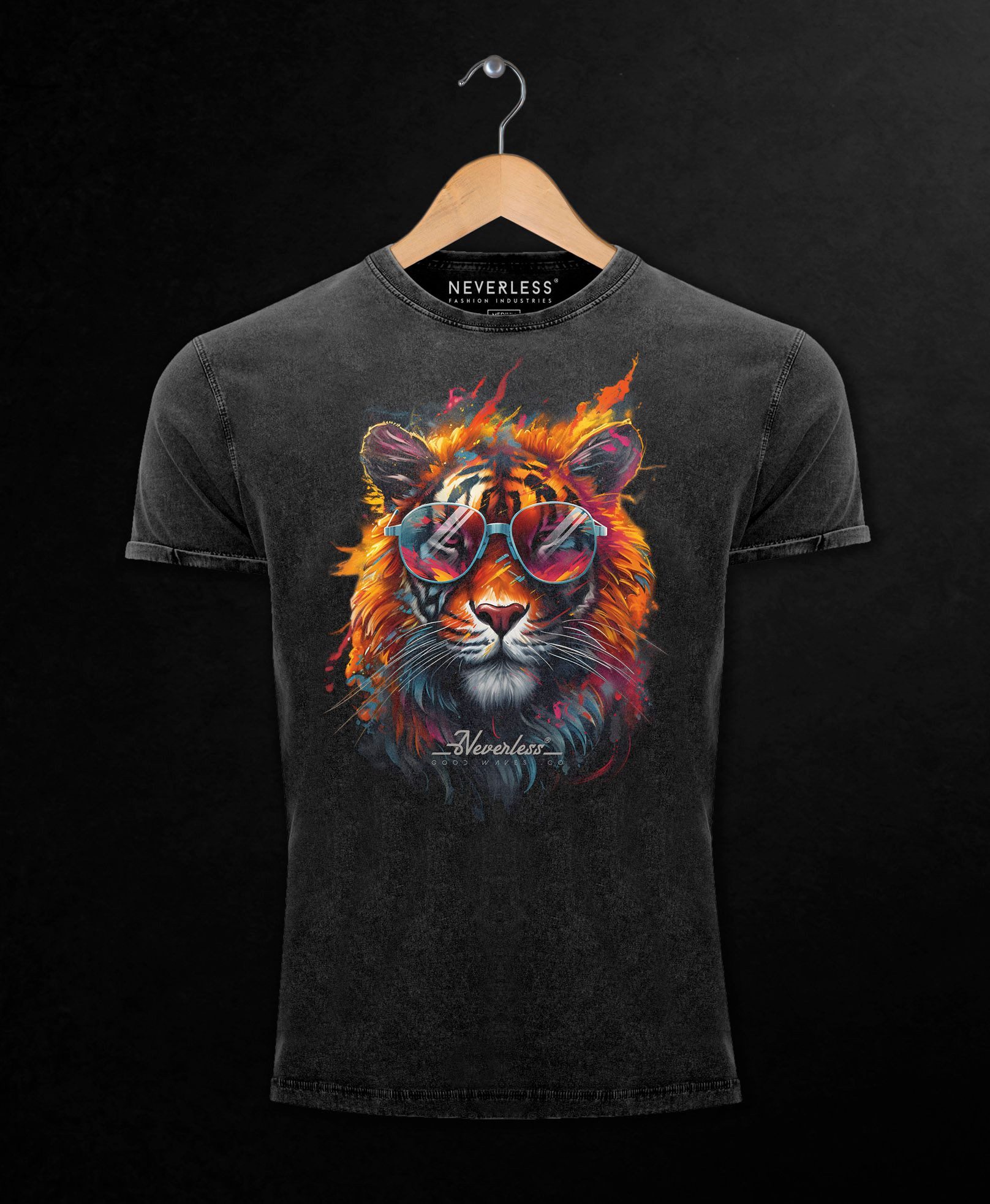 Neverless Print-Shirt Herren Vintage Shirt Tiger Print Aufdruck Flammen Sommer Sonnenbrille mit Print