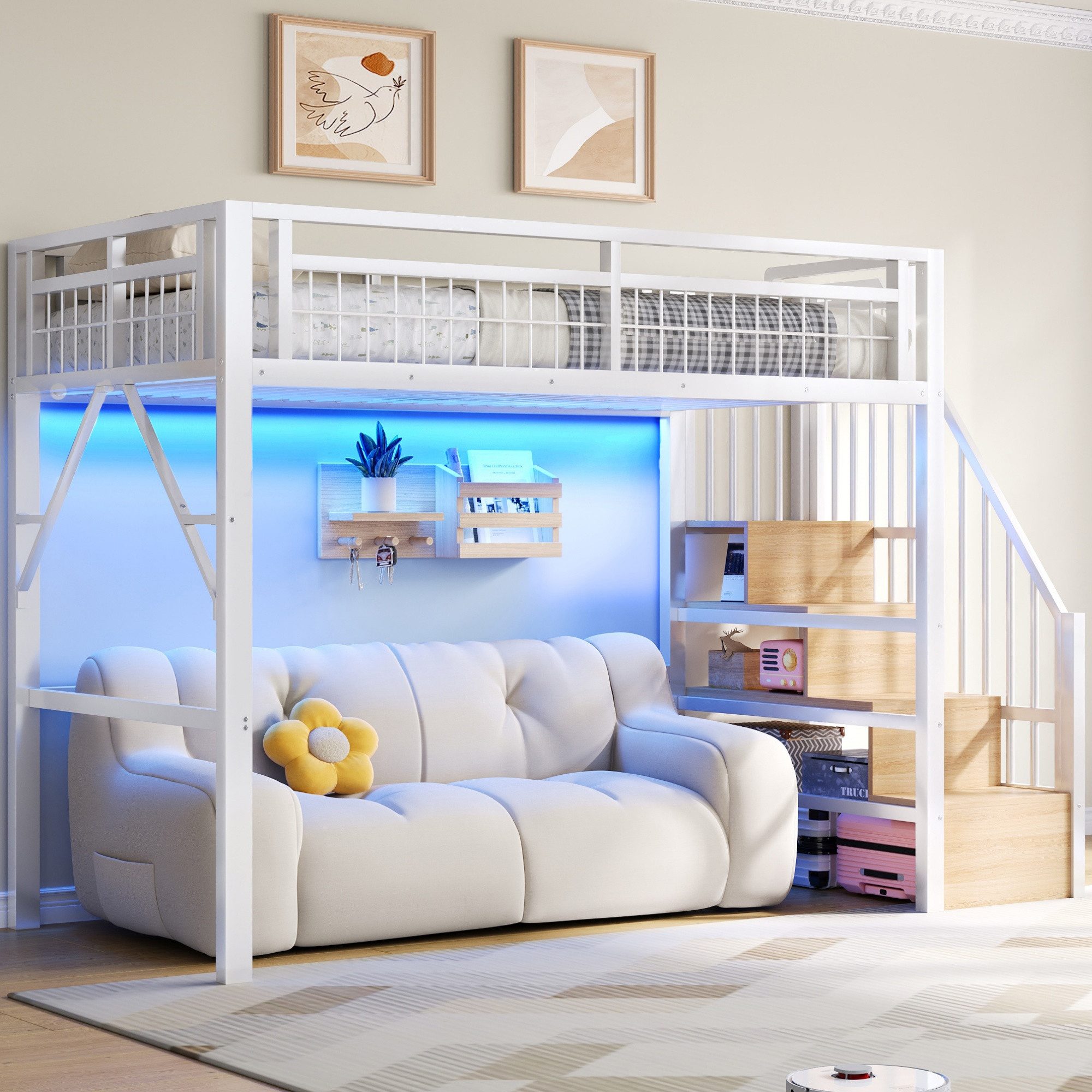 Flieks Hochbett Kinderbett Metallbett 90x200cm mit LED-Lichtleiste und Stauraumtreppe