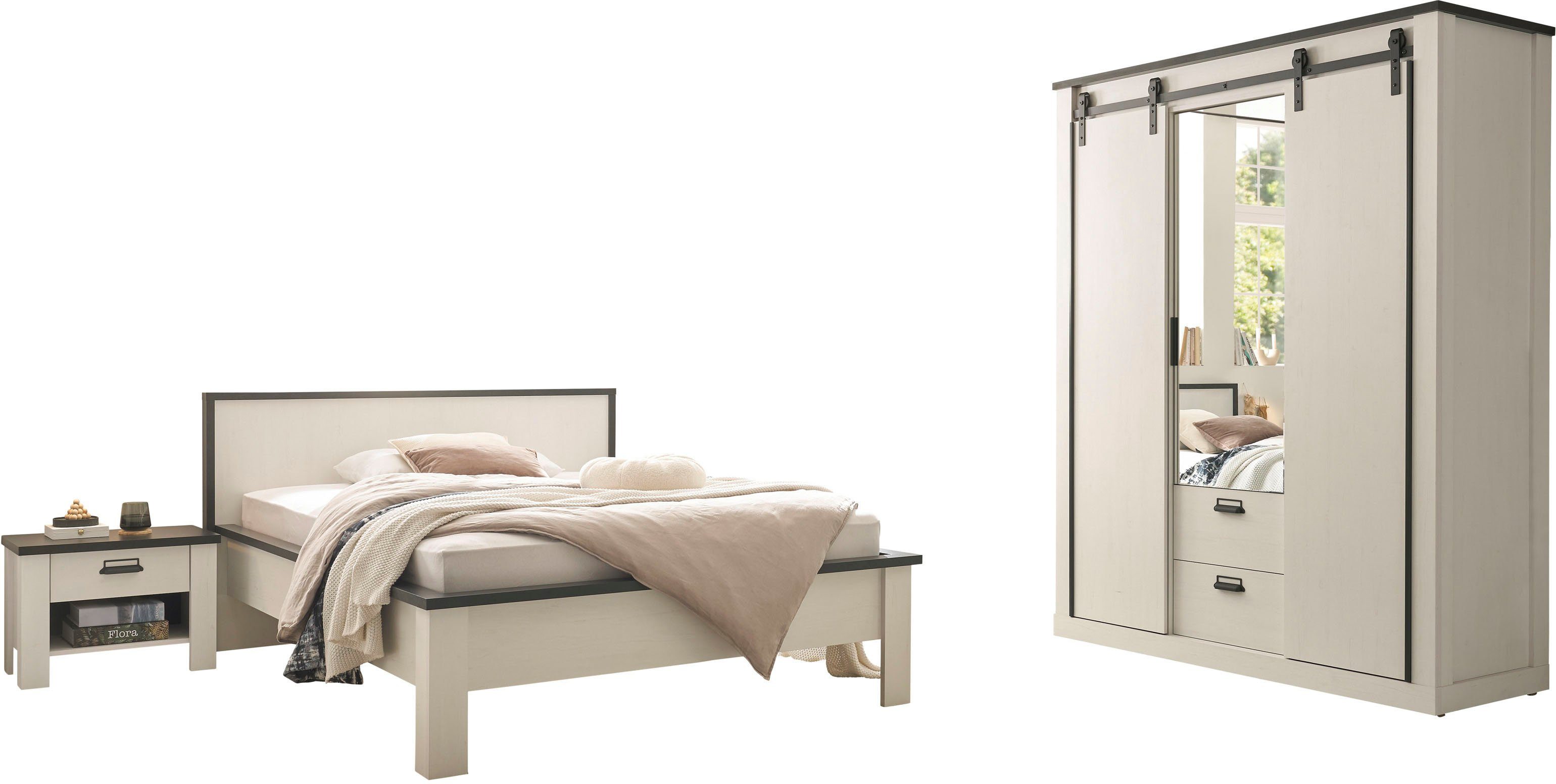 Home affaire Schlafzimmer-Set SHERWOOD, (4-tlg), Liegefläche 140x200cm, Schrank 3-trg. 162cm breit