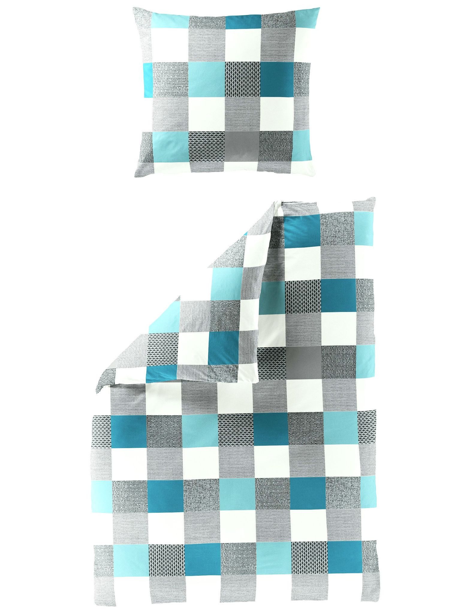 JACK Bettwäsche 135x200cm Kariert Muster Weiß Türkis Bierbaum, Seersucker, 2 teilig, modernes und dezentes Karomuster