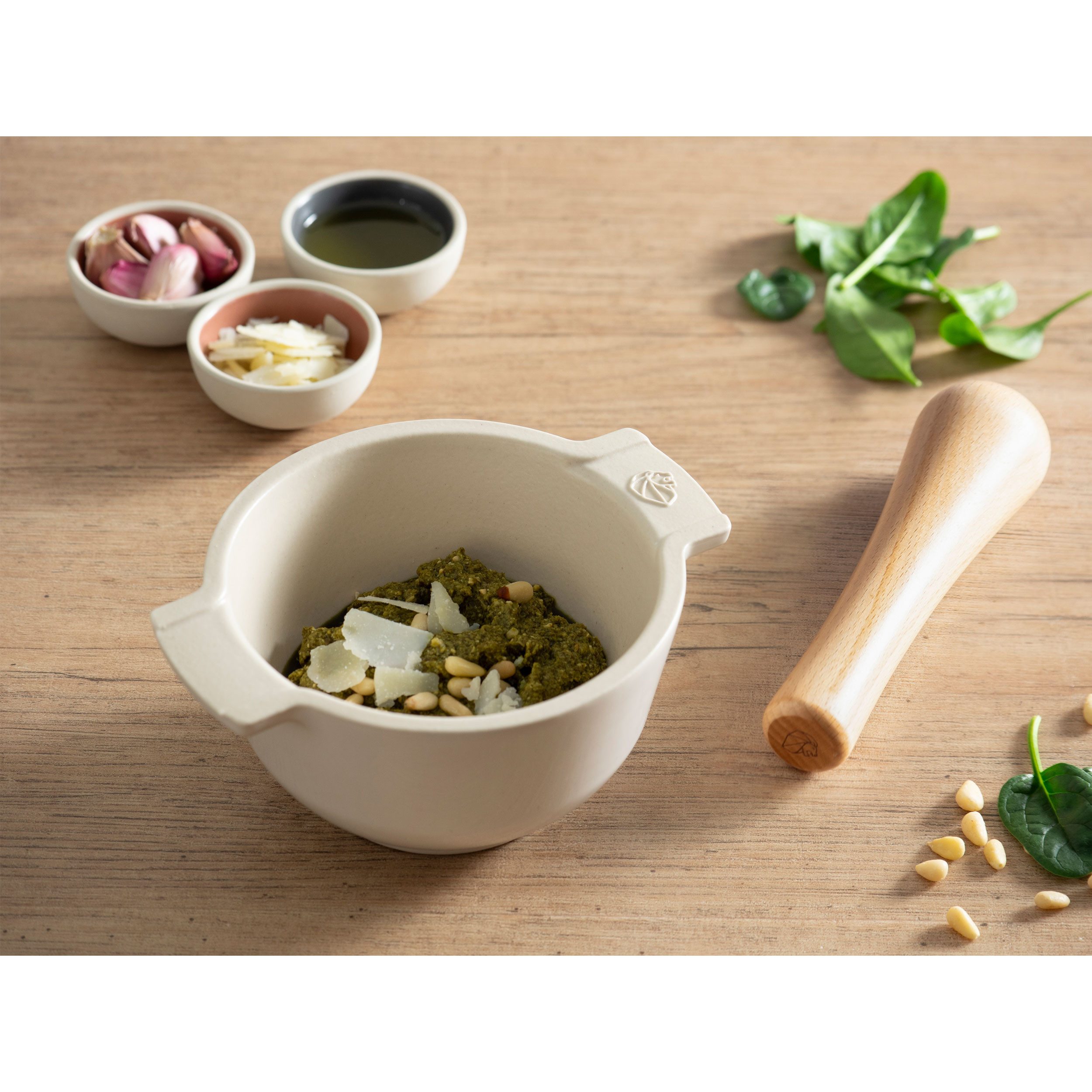 PEUGEOT Mörser APPOLIA 14cm Ecru Keramik mit Stößel aus Buchenholz