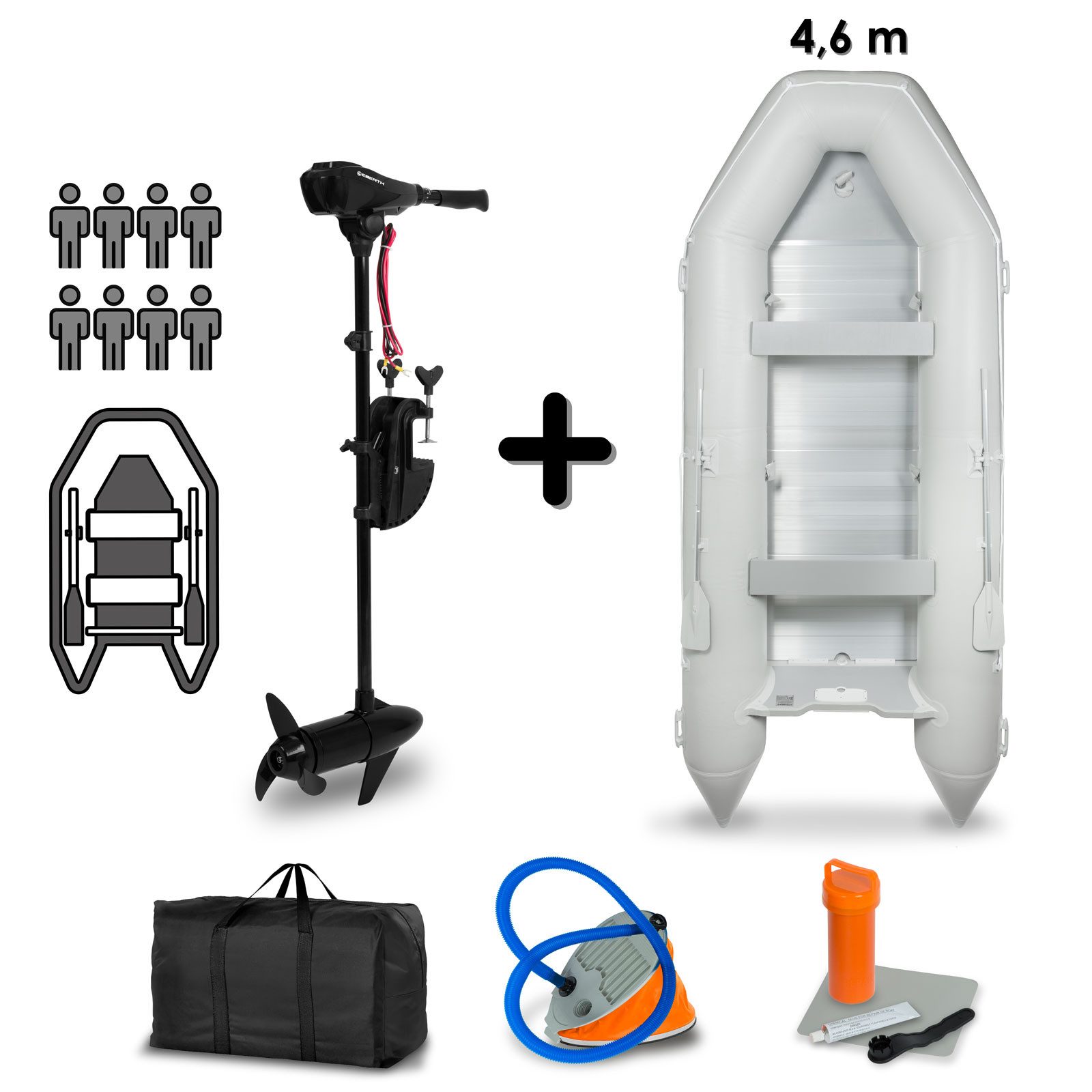 EBERTH Elektroboot Schlauchboot mit Motor, 8 Personen, 86 LBS Schubkraft, Führerscheinfrei, Angelboot mit Elektro Außenborder, Sitzbänke