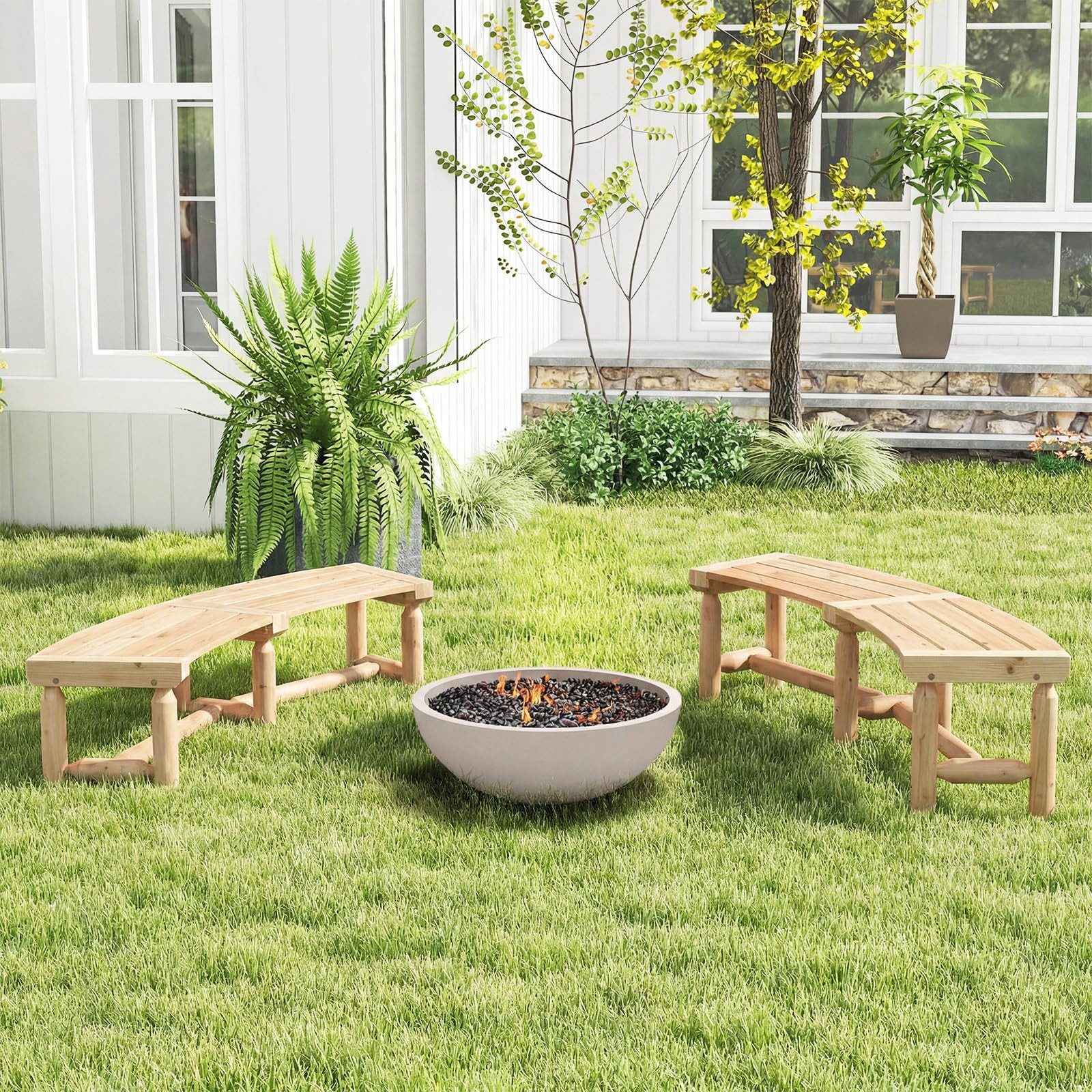 COSTWAY Gartenbank, gebogene Holzbank für 2-3 Sitzer, 139 x 36 x 41cm