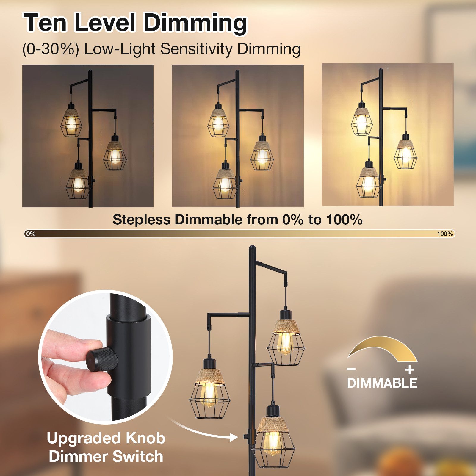 Jibenhome LED Stehlampe Modern Stehlampe Wohnzimmer, Vintage Stehleuchte mit 3 Glühbirnen, LED wechselbar, 10 Stufen dimmbar,Industrial Design,für Schlafzimmer Wohnzimmer Büro