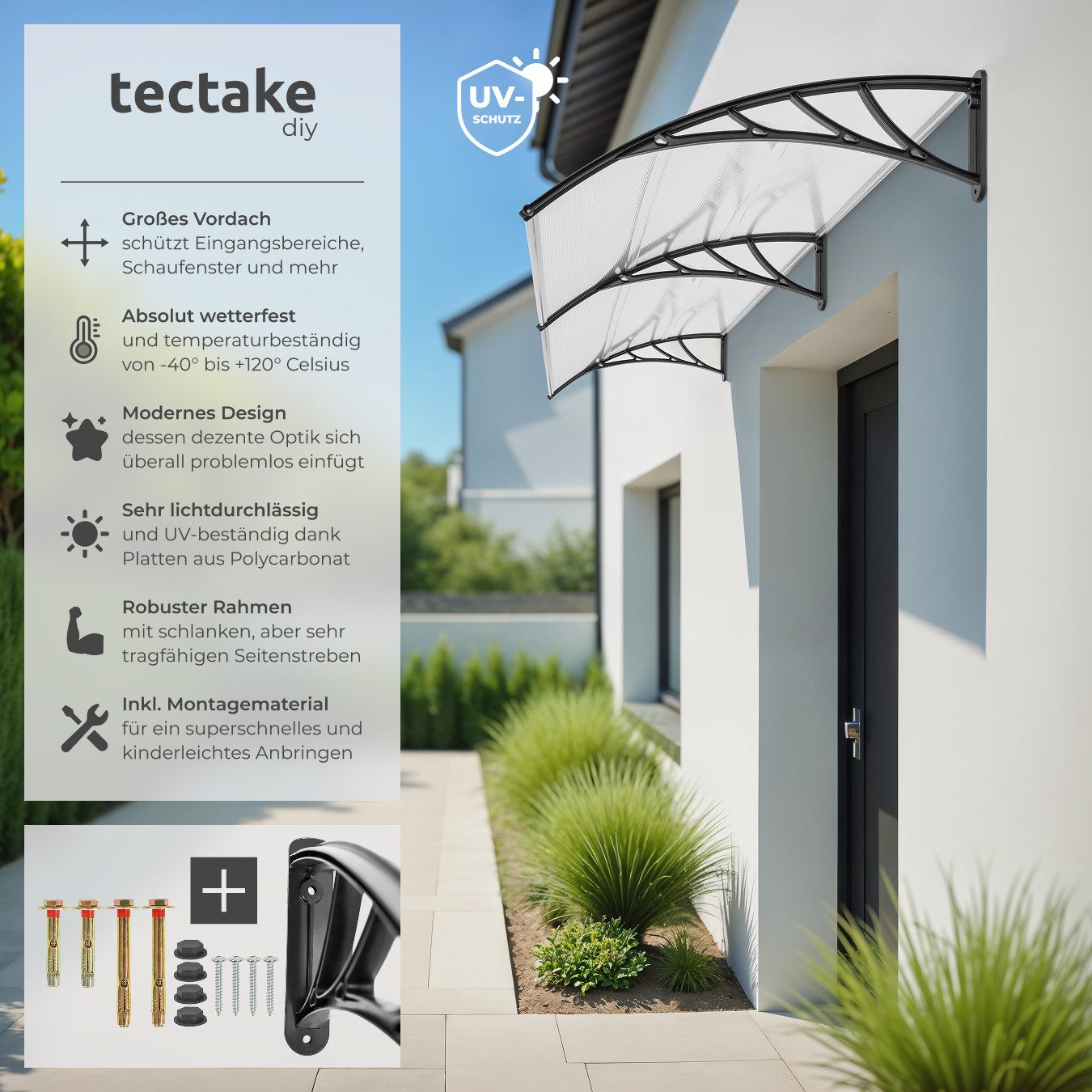 tectake Anbaudach Vordach transparent, wetterfest und UV-beständig, 300 x 93 cm, (Komplettset mit Montagematerial), in Bogenform für Haustier, Balkon und Garten