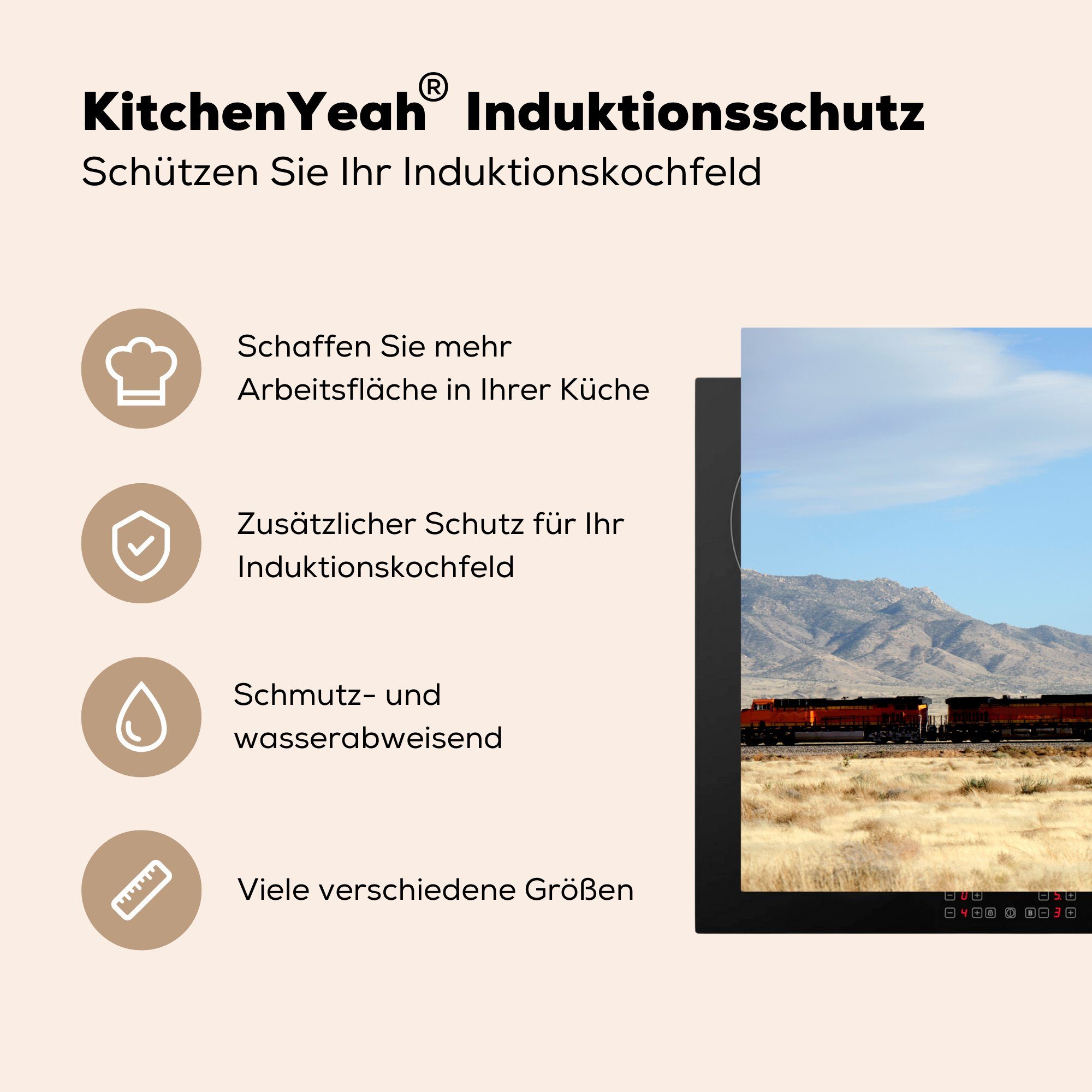 MuchoWow Herdblende-/Abdeckplatte Ein in tlg), für (1 83x51 Ceranfeldabdeckung, Arbeitsplatte Zug cm, Wüste, Vinyl, roter der küche