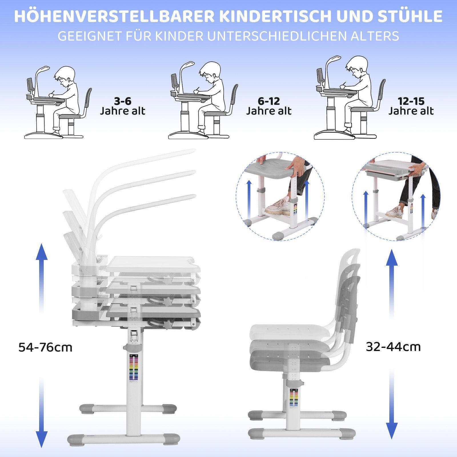 TLGREEN Kinderschreibtisch Höhenverstellbar 54 und 76 cm, mit Lampe und neigbarer Tischplatte,Schreibtisch Kinder