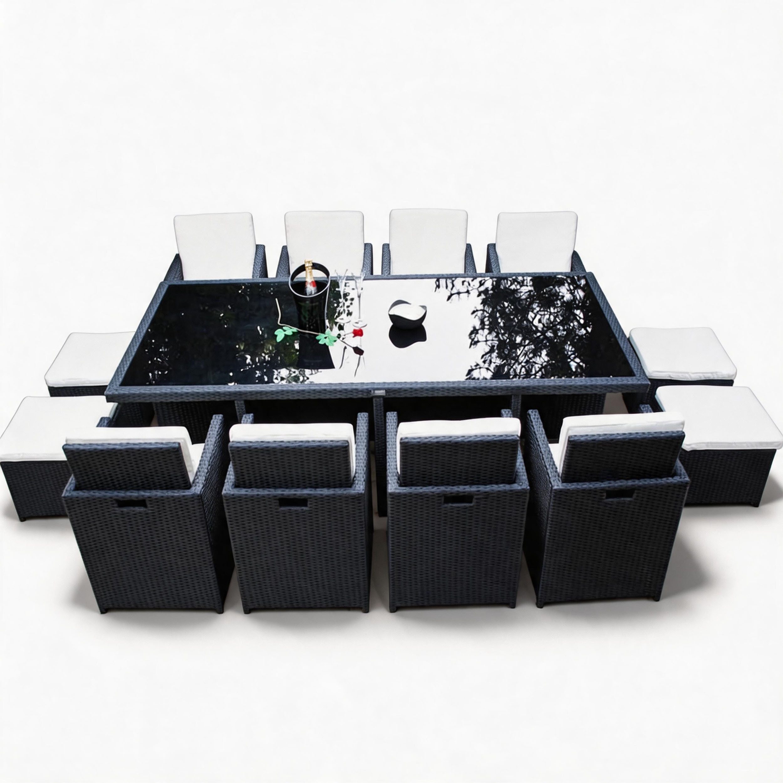 Ragnarök Möbel-Design Garten-Essgruppe Premium Gartenmöbel Heimdall 8+4 Aluminium Olefin 10 Jahre Garantie, (Set, 13-teilig: 8 Hochlehner, 4 Hocker, 1 XXL-Tisch inkl. Polster), XXL-Esstisch, Klapp-Hochlehner, breite Armlehnen, Alugestelle