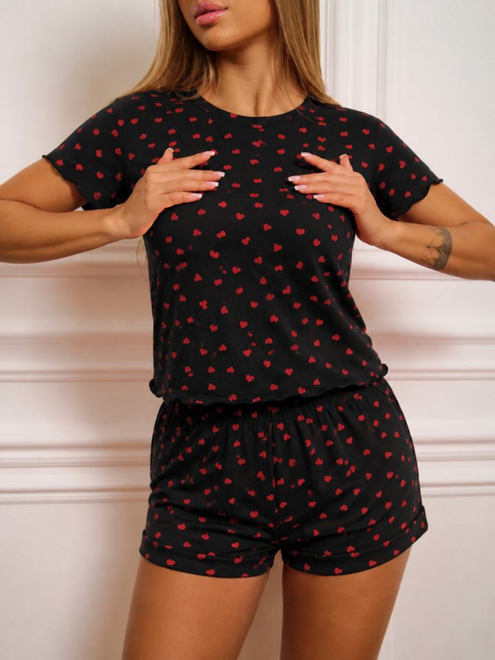 Elegant Love Shorty Damen Pyjama-Set – Bequeme Nachtwäsche & Schlafanzug für ruhige Nächte (Set, 2 tlg., Kurzarm-Top mit passender Shorts) Loungewear-Set – Gemütlicher Hausanzug im Herz-Print für Zuhause