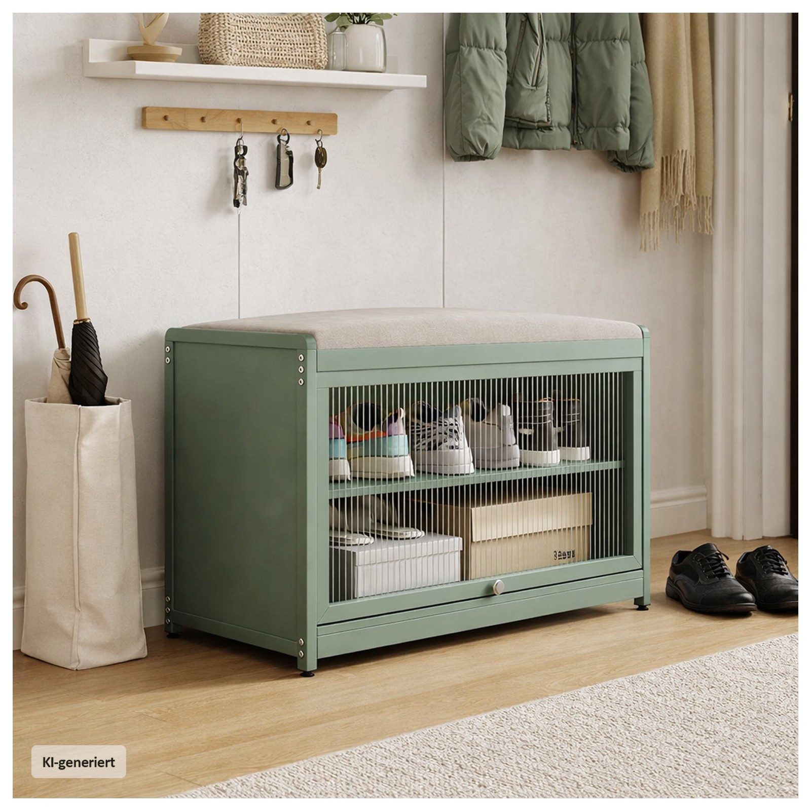 HTI-Living Schuhschrank mit Schiebetür und Sitzkissen Grün (1 Stück, 1-St., 1 Schuhschrank mit Sitzkissen) Sitzkissen mit Polyesterbezug in Leinenoptik