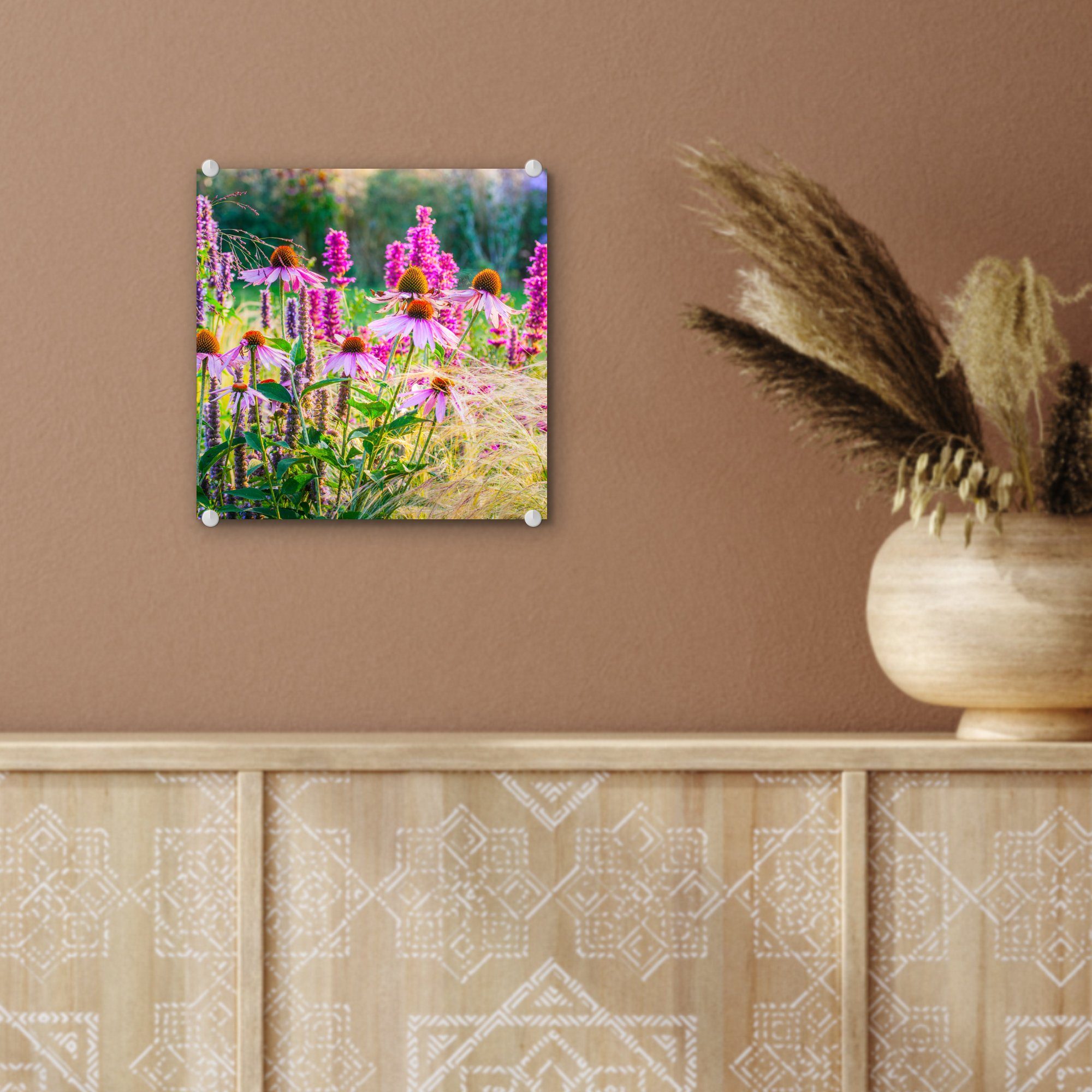 Blüten, MuchoWow Glas mit rosa Wandbild Ziergras Glasbilder auf Foto Glas St), - Acrylglasbild (1 Bilder - - Wanddekoration auf