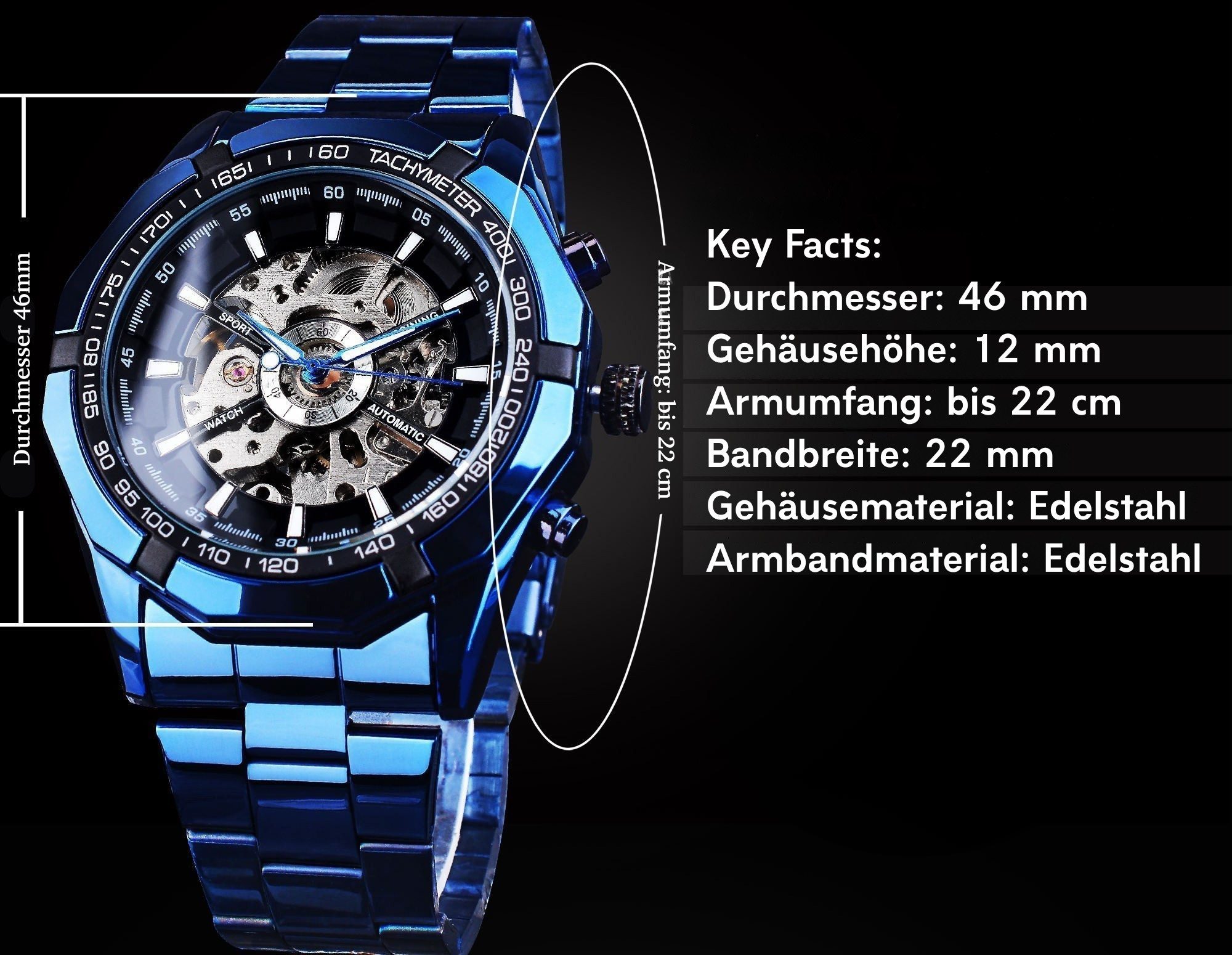 Rötting Design Automatikuhr Herrenuhr Automatikuhr Marke Forsining schwarzes Ziffernblatt, im blauen Design
