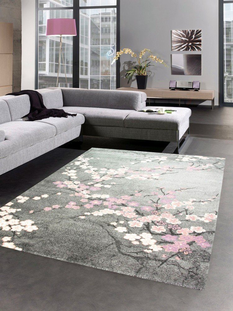 Carpetia Teppich Teppich modern Wohnzimmerteppich Blumen rosa grau, rechtec günstig online kaufen