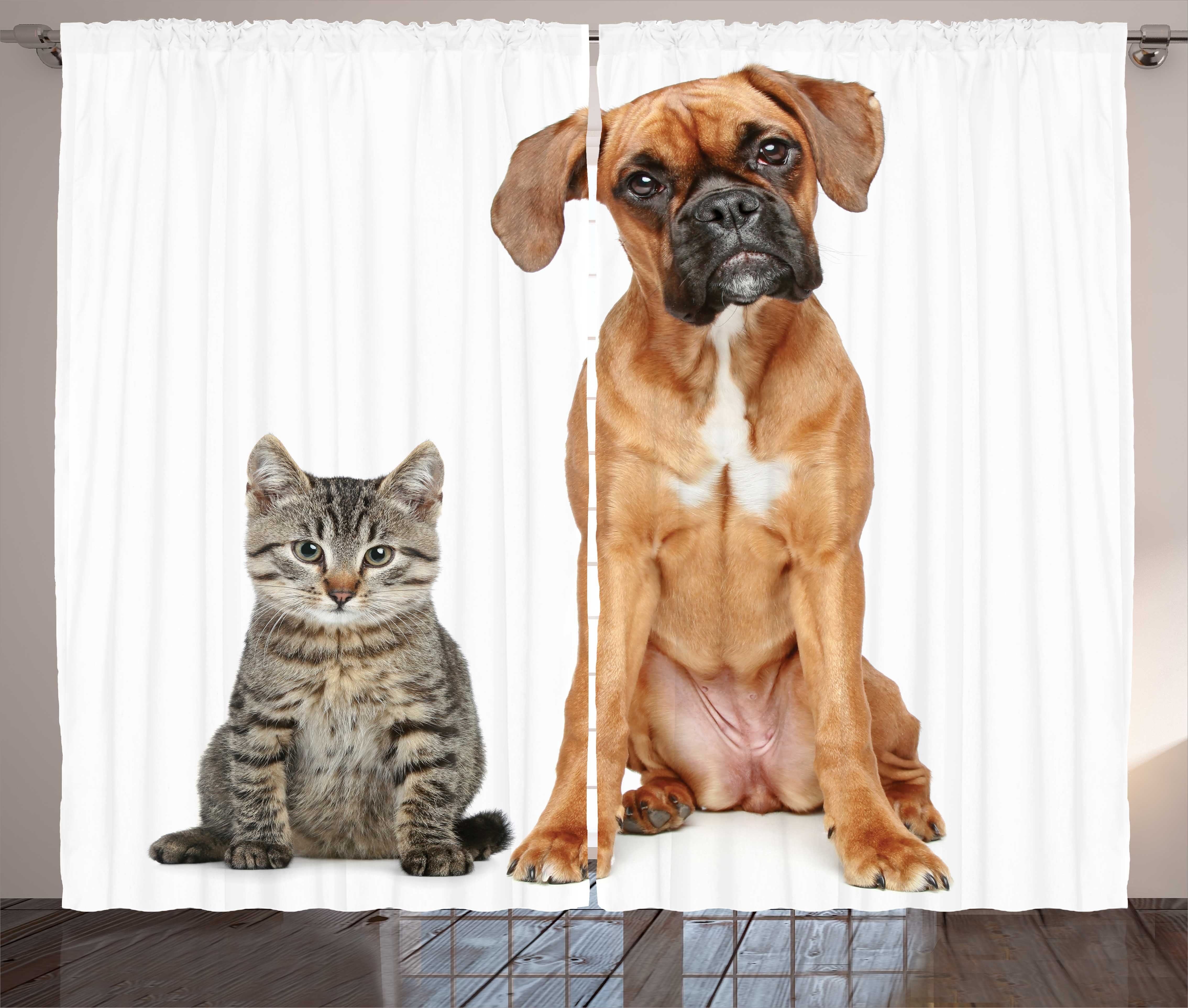 Abakuhaus, Katze und Boxer-Hund Schlafzimmer mit Tierfreund- Schlaufen Vorhang Hund Gardine Kräuselband Haken,