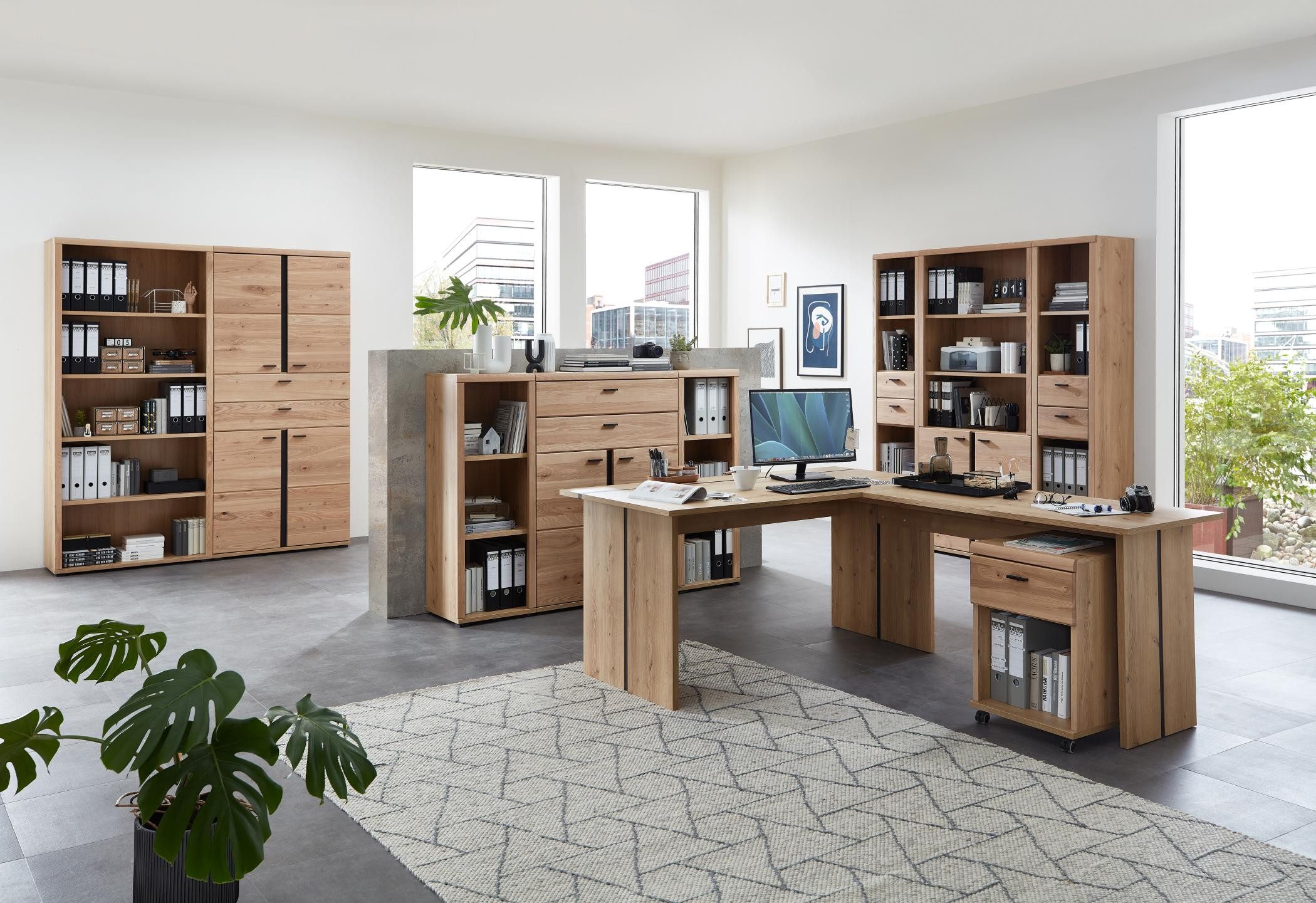 Innostyle Büromöbel-Set Komplettbüro SONOS III 10-teilig Front Altesche Massivholz gebürstet, (Komplett-Set, 10-tlg., 3x Schrank, 5x Regal, 1x Schreibtisch, 1x Rollcontainer)