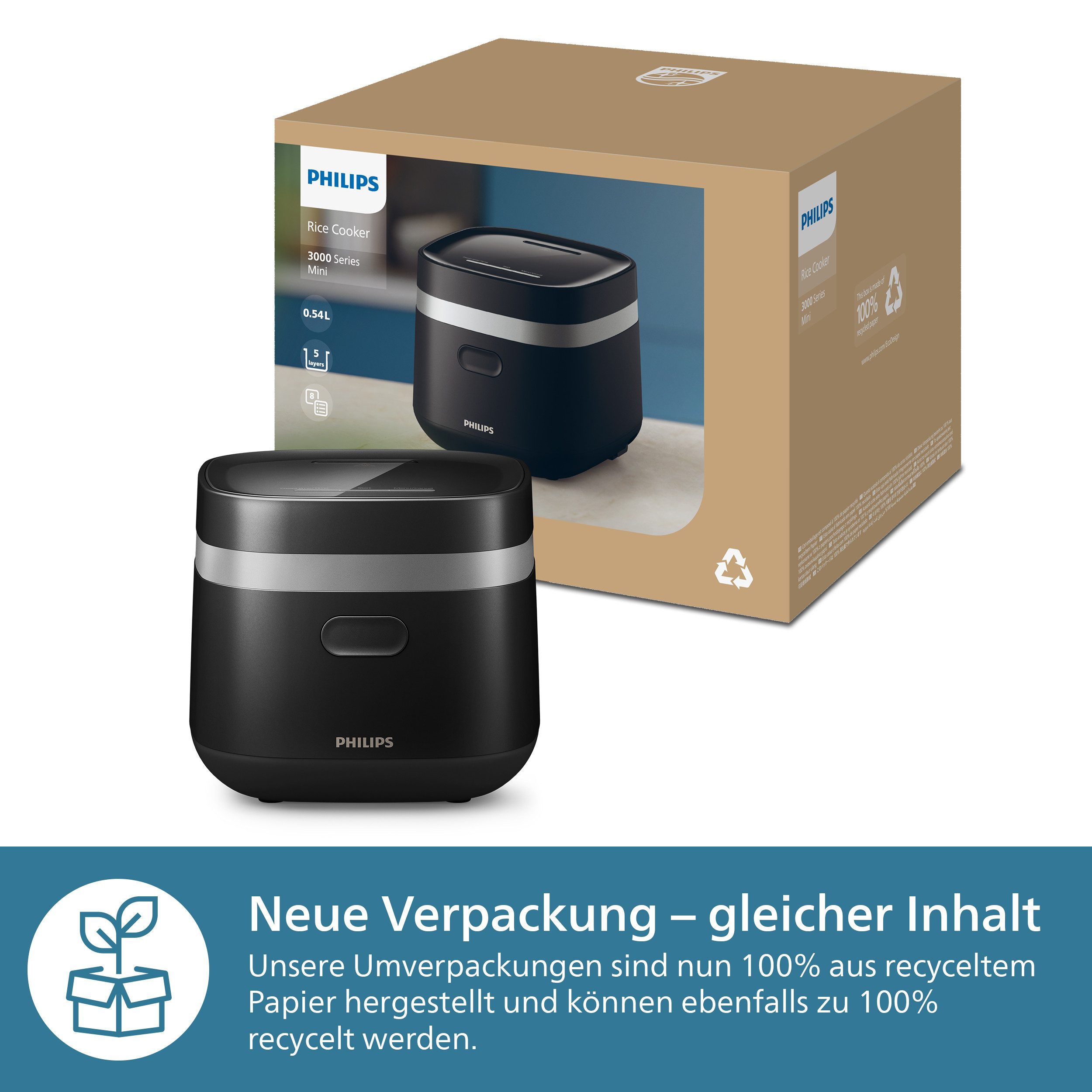 Philips Reiskocher Mini 3000 Series, für 1-3 Personen, mit 8 voreingestellten Programmen, 400 W, 0,54 l ungekochter Reis, Fast Cook-Modus u. Antihaft-Beschichtung
