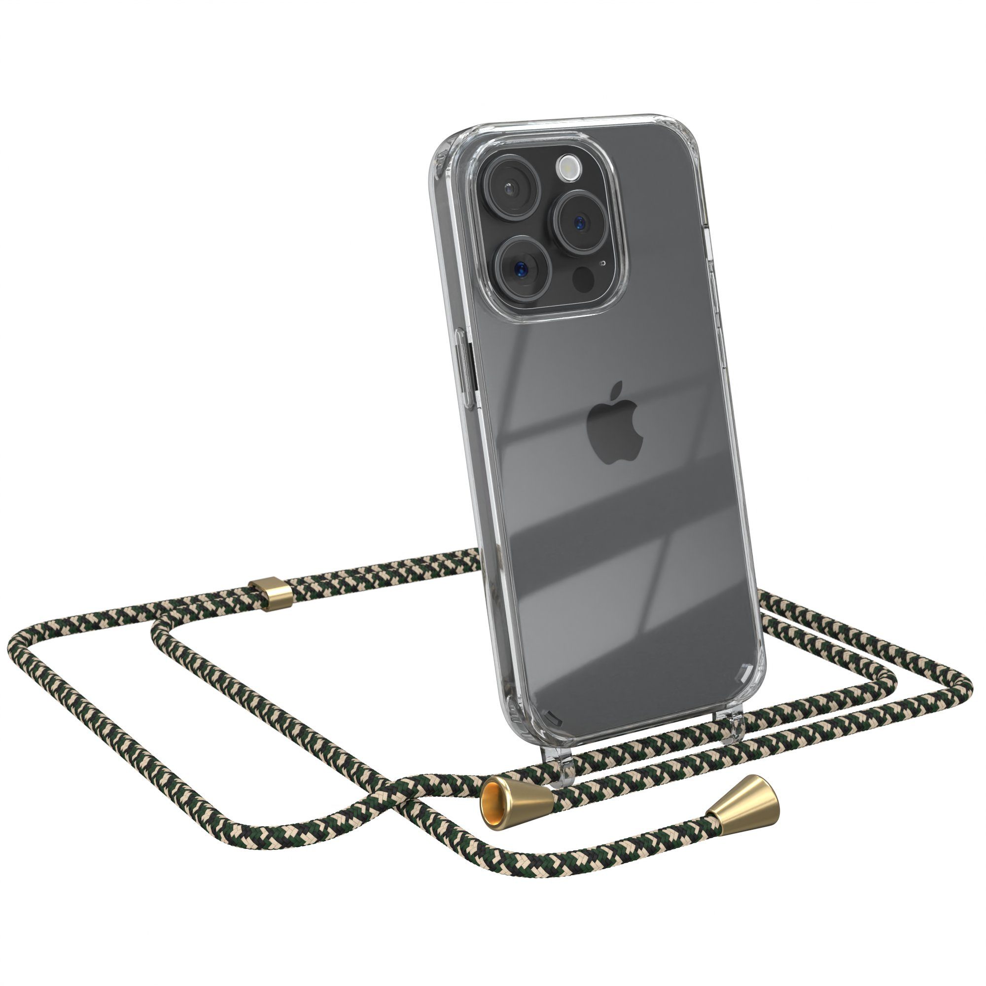 EAZY CASE Handykette mit-/ohne Magsafe Hülle für iPhone 15 Pro 6,1 Zoll, Handykette zum Umhängen Hülle mit Kordel Rundes Band Grün Camouflage