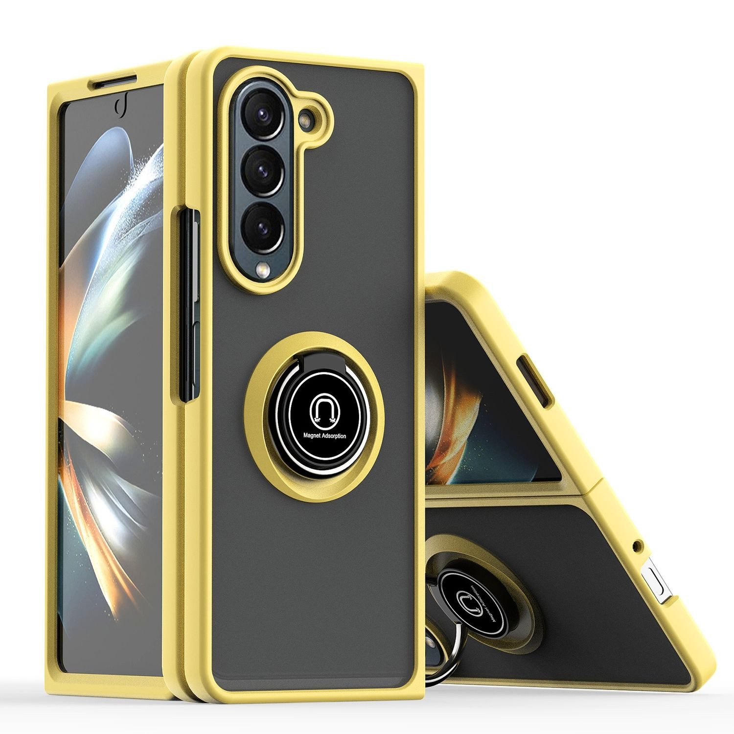 Wigento Handyhülle Für Samsung Galaxy Z Fold6 Shadow Design TPU / PC Hülle Case Ring Gelb, Ring Halterung Schutzhülle
