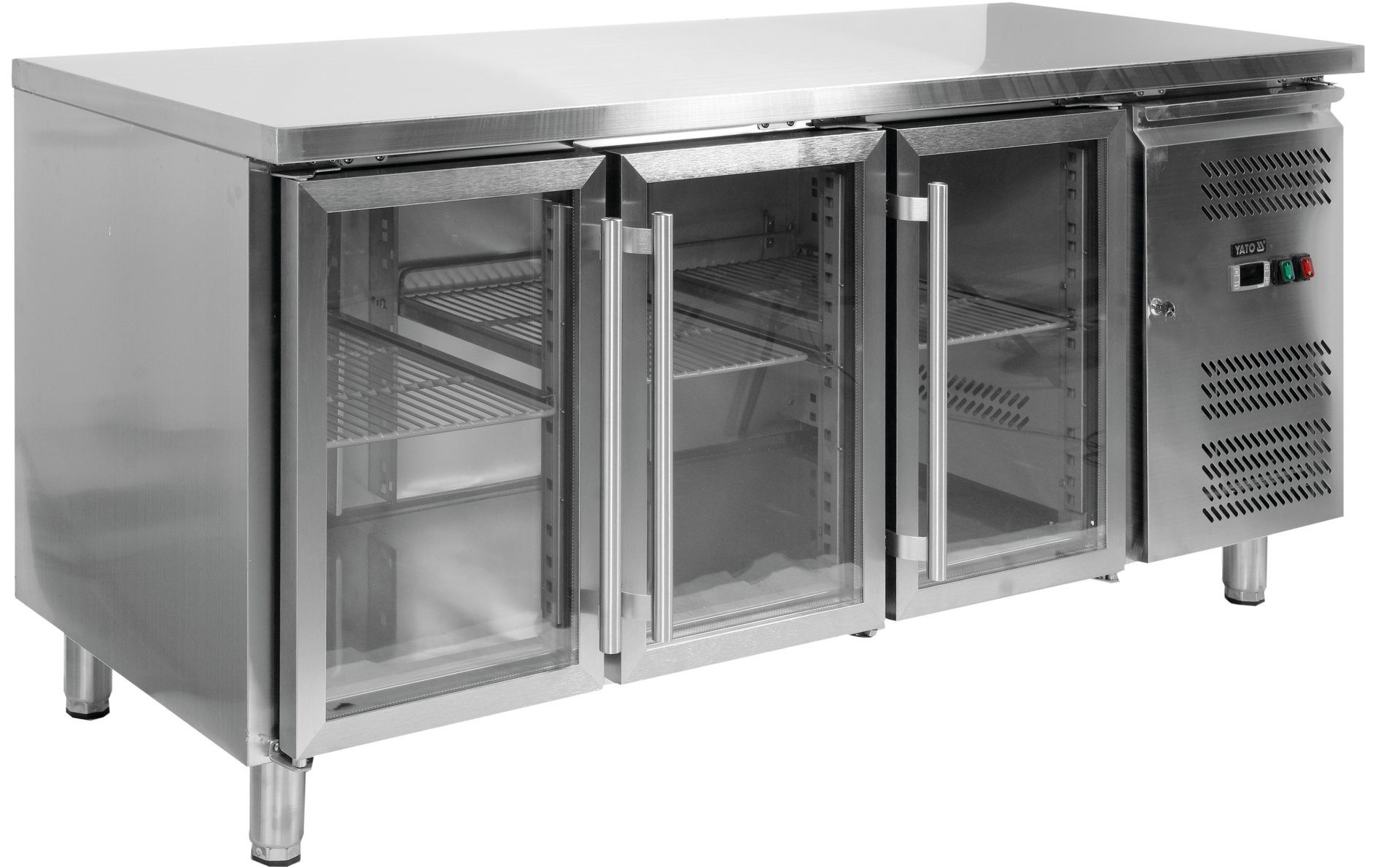 Yato Arbeitstisch Kühltisch 3-türig mit Glastüren, Linie 700, Edelstahl