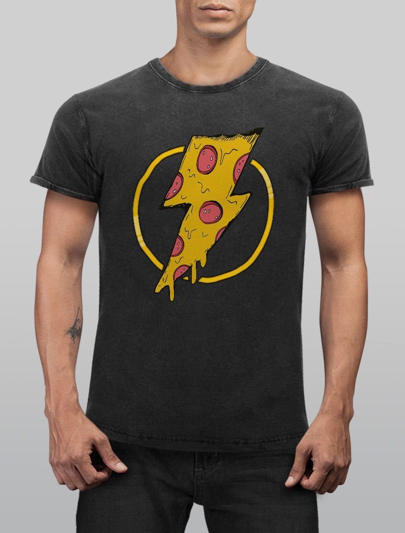 Stil Neverless Comic Print mit Herren Printshirt Aufdruck Blitz Neverless® Pizzastück T-Shirt Slim Fan Shirt Pizza Fit Used Vintage Look Print-Shirt
