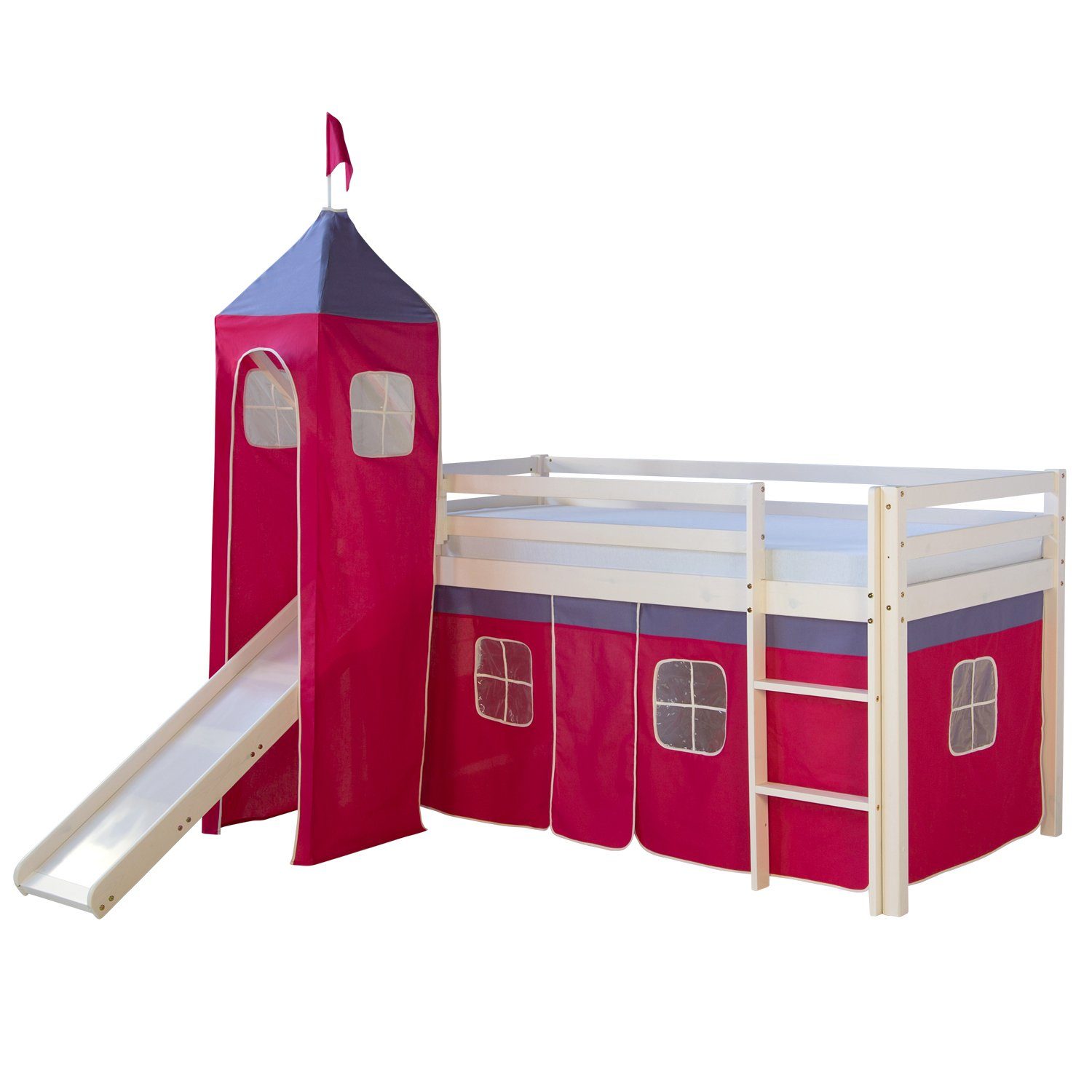 Homestyle4u Hochbett 90x200 mit Vorhang Lattenrost Matratze Rutsche Turm in günstig online kaufen