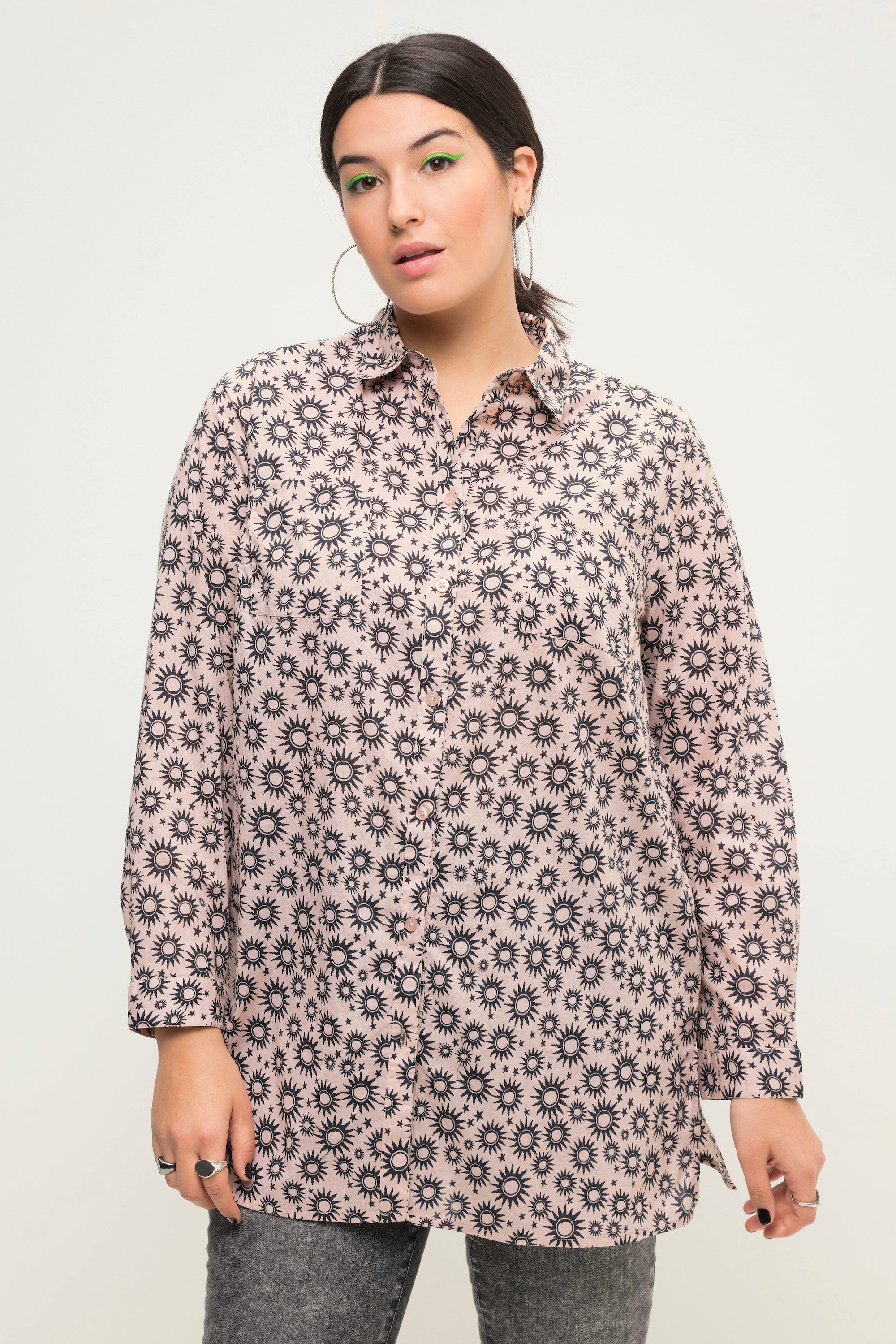Hemdbluse Hemdbluse Boxy Shape Sun-Print Hemdkragen Langarm