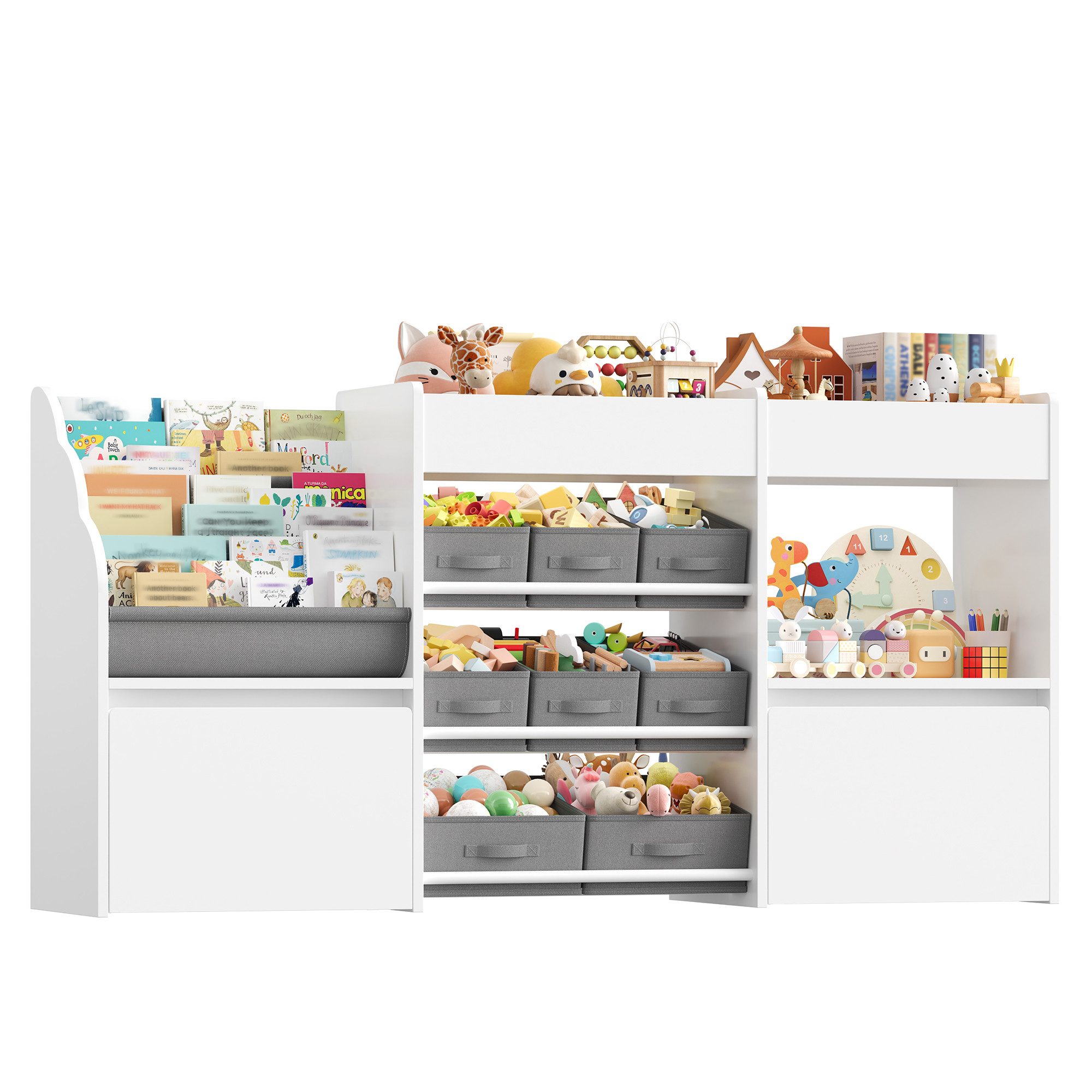 HOMECHO Spielzeugtruhe Kinderregal mit 2 Spielzeugkiste, Kinderregal mit 8 Boxen auf Rollen Weiß, 158x80x29.7cm