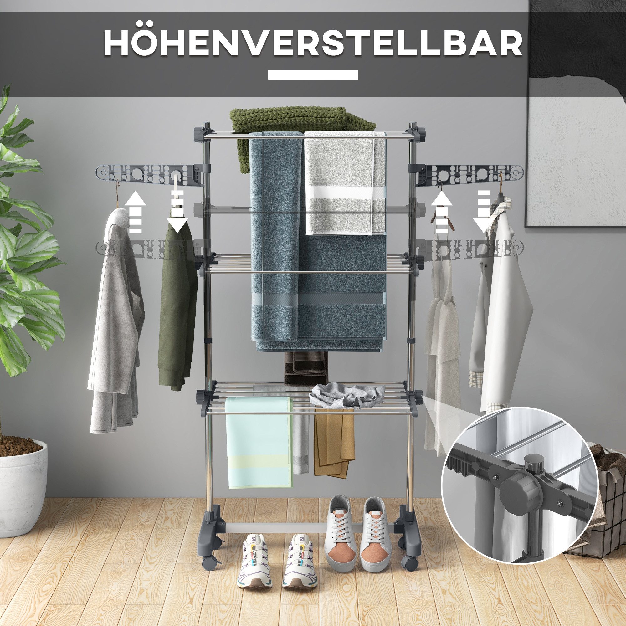 HOMCOM Wäscheständer Turm Standtrockner mit 3 Ebenen, klappbare Flügel, Rollen, für Indoor, Outdoor, Stahl Grau 80,142 x 55 x 152 cm – Bild 4 von 5