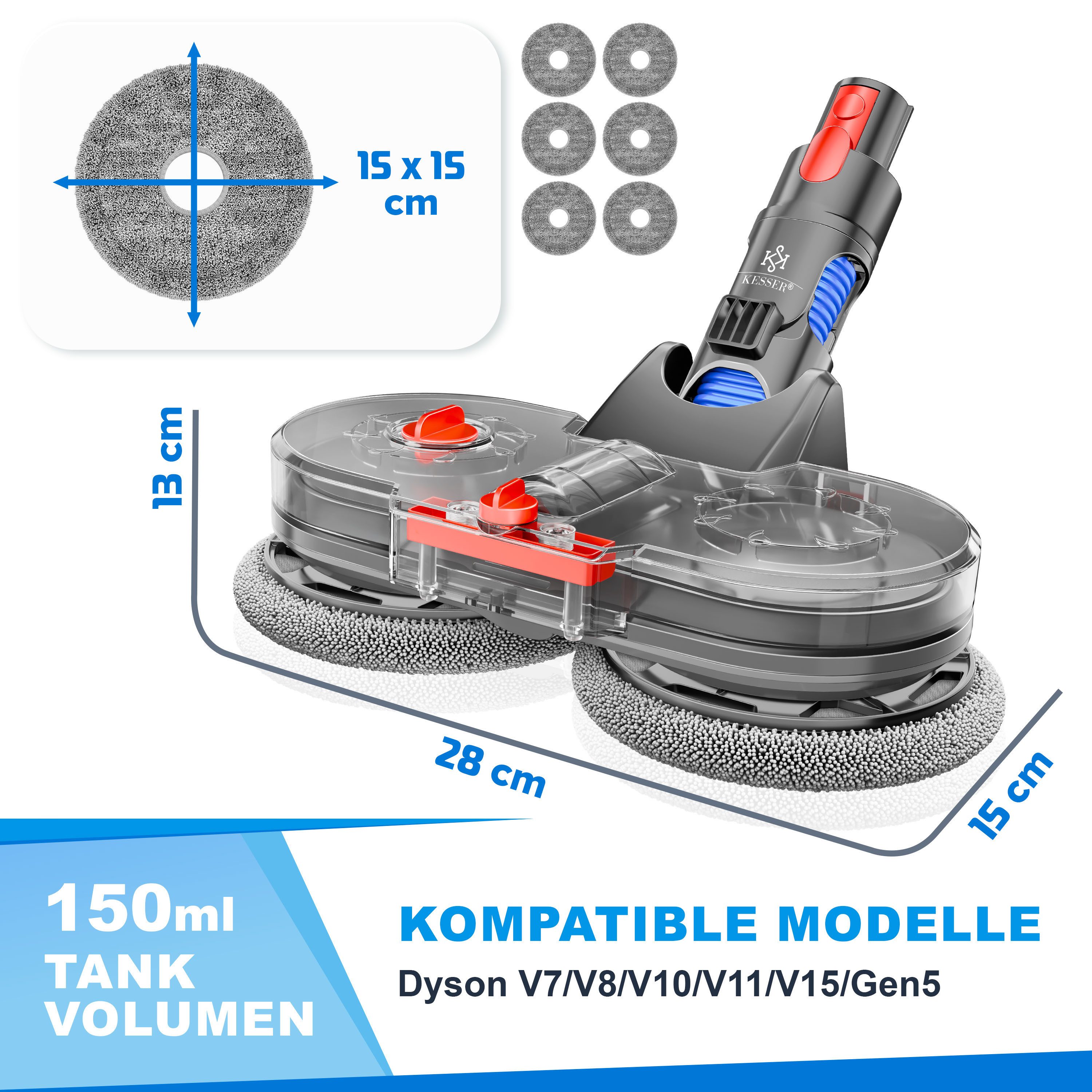 KESSER Wischdüse, Zubehör für Für Dyson V7/V8/V10/V11/V15, Wischmopp Staubsauger Aufsatz mit Wassertank & 6 waschbaren Mops