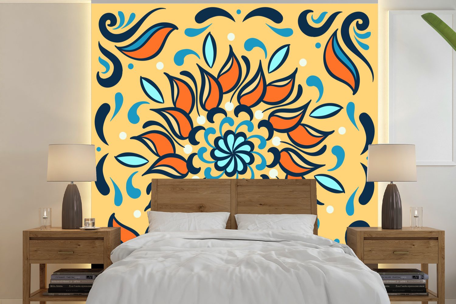 MuchoWow Fototapete Sonnenblumen - Blätter - Quadratisch, Matt, bedruckt, (5 St), Vinyl Tapete für Wohnzimmer oder Schlafzimmer, Wandtapete | Fototapeten