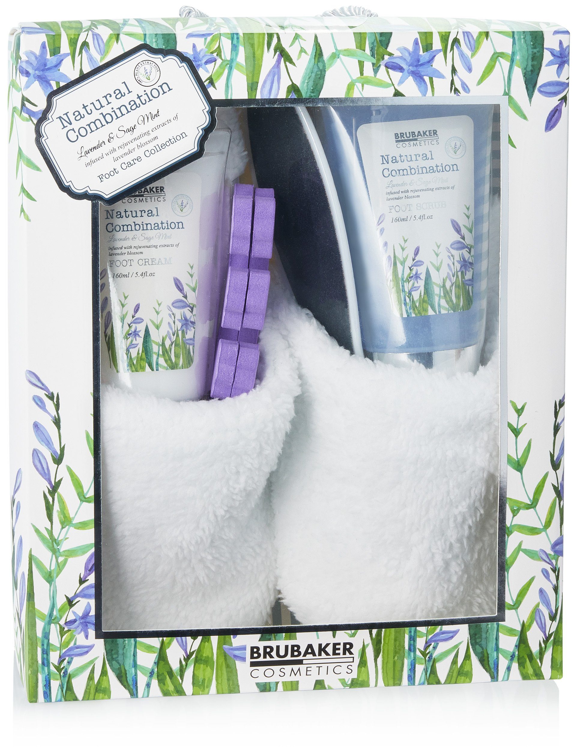 BRUBAKER Pflege-Geschenkset Beauty Wellness Set mit Lavendel Salbei Minze Duft - inkl. Hausschuhen, 6-tlg., Frauen Fußpflege Set mit Slippers aus Teddy Plüsch,  – Bild 2 von 5